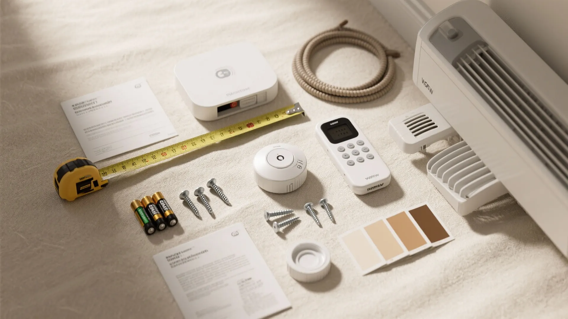Installation tools and smart home devices including measuring tape batteries remote control and color paint swatches