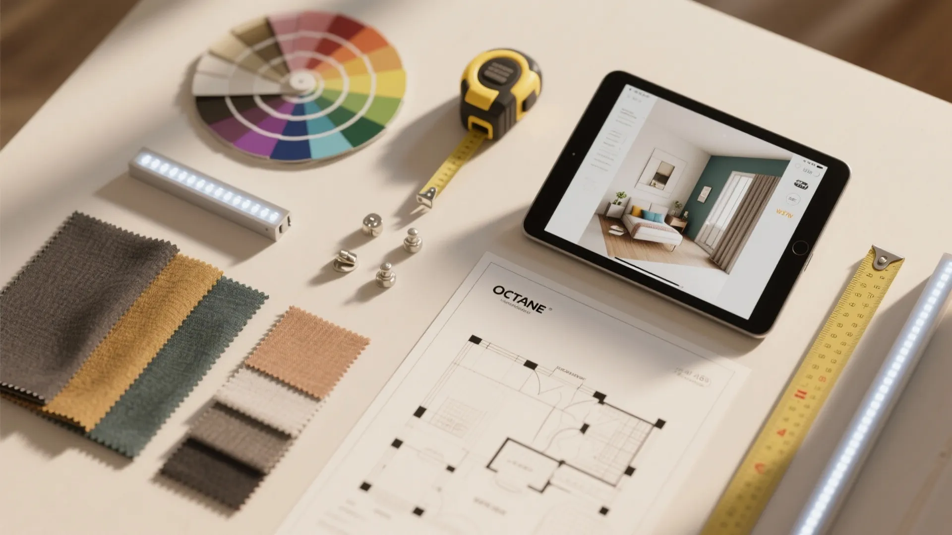 Interior design tools with color wheel fabric samples floor plan drawing tablet and yellow measuring tape