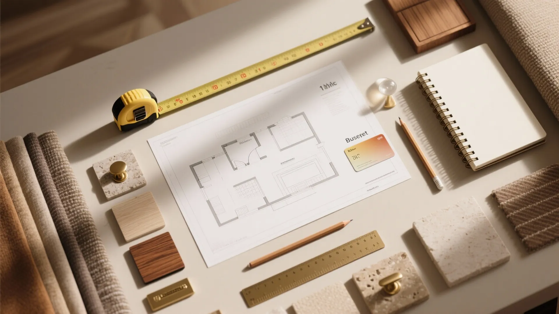 Interior design floor plan on desk with measuring tape pencils notebook and various material samples