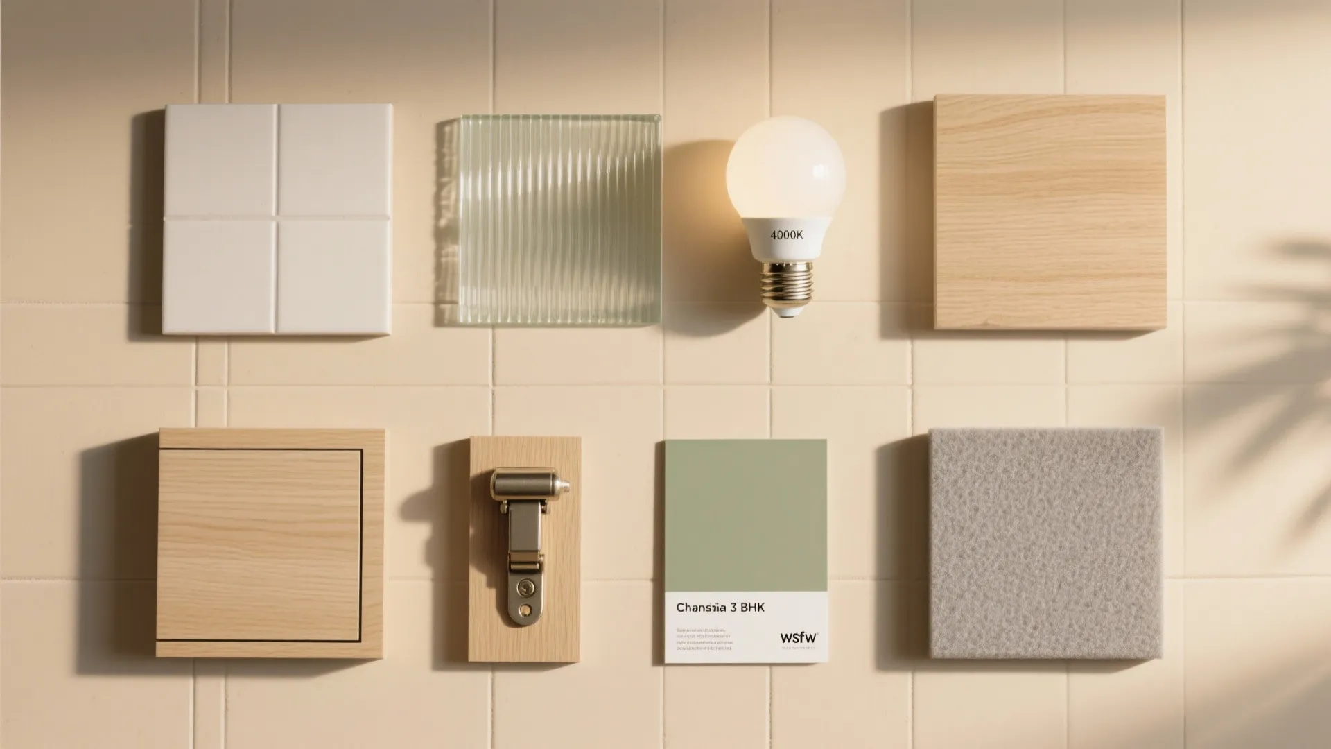 Interior design materials including light bulb green paint sample wood tiles glass and metal hinge
