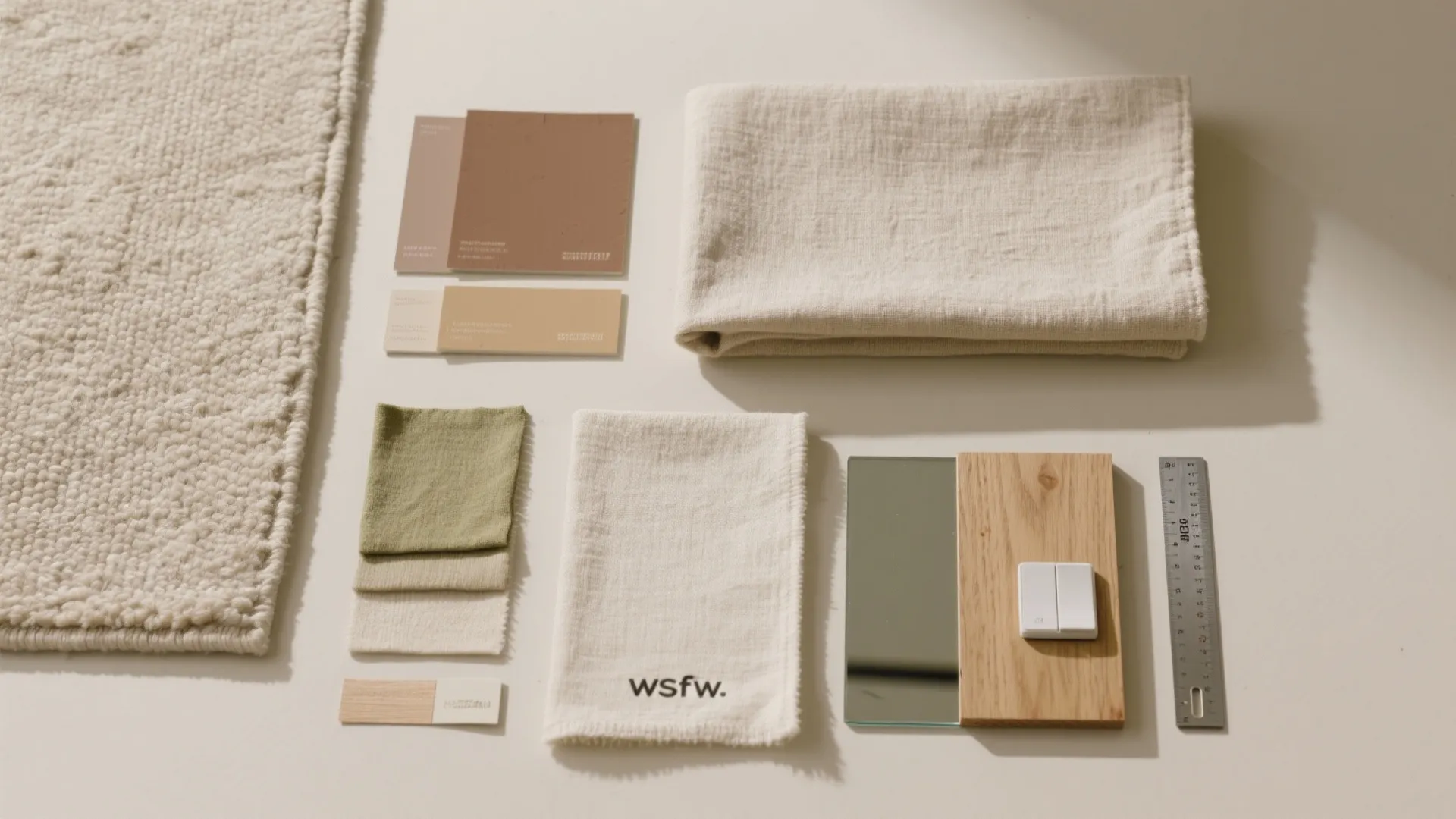 Flat lay of rug, fabric, paint chips, wood sample, dimmer, tape measure, and mirror swatch for rectangular living rooms.