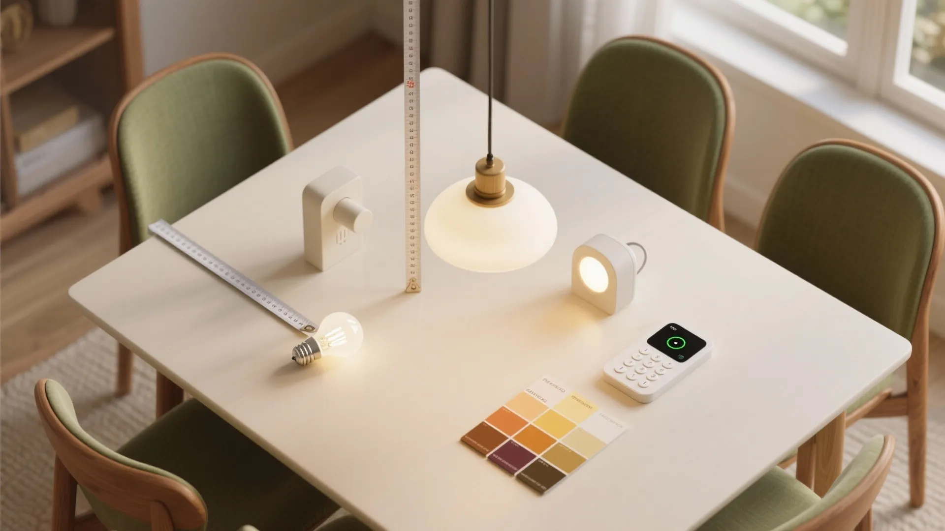 Dining table with green chairs showing light bulb color samples and tools for interior design