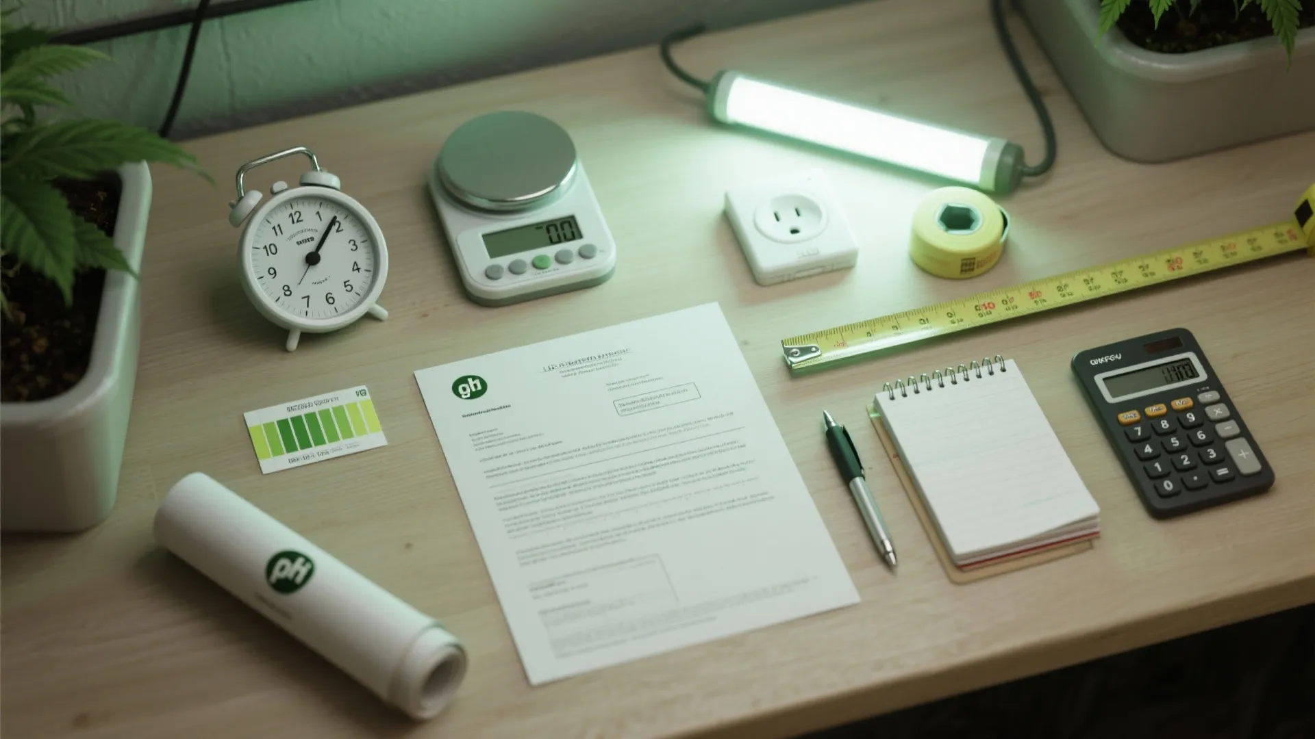 Desk with alarm clock digital scale light fixture measuring tape notebook pen calculator and white paper