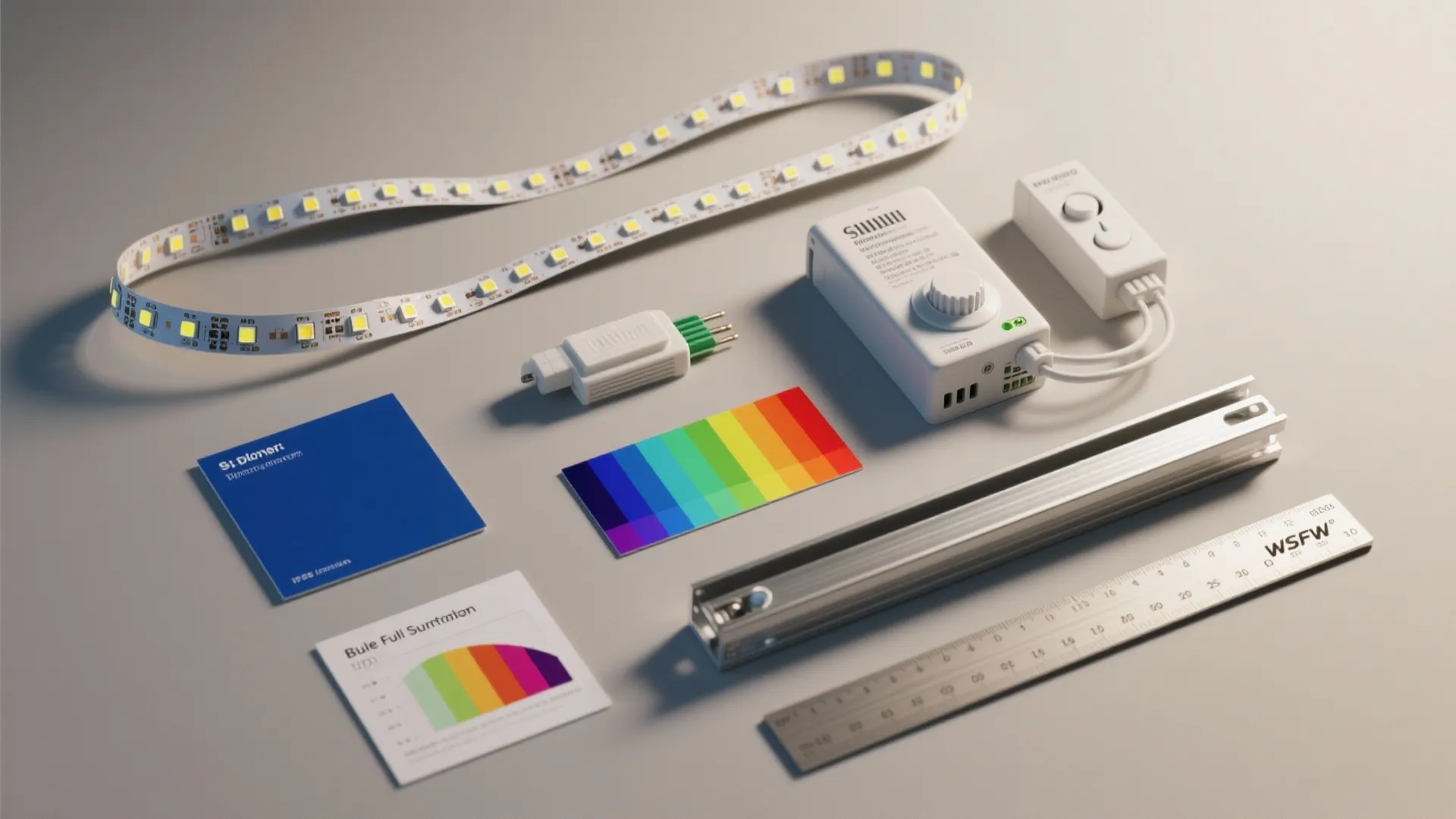 Flat lay showing LED light strip power controller color swatches metal track and silver ruler