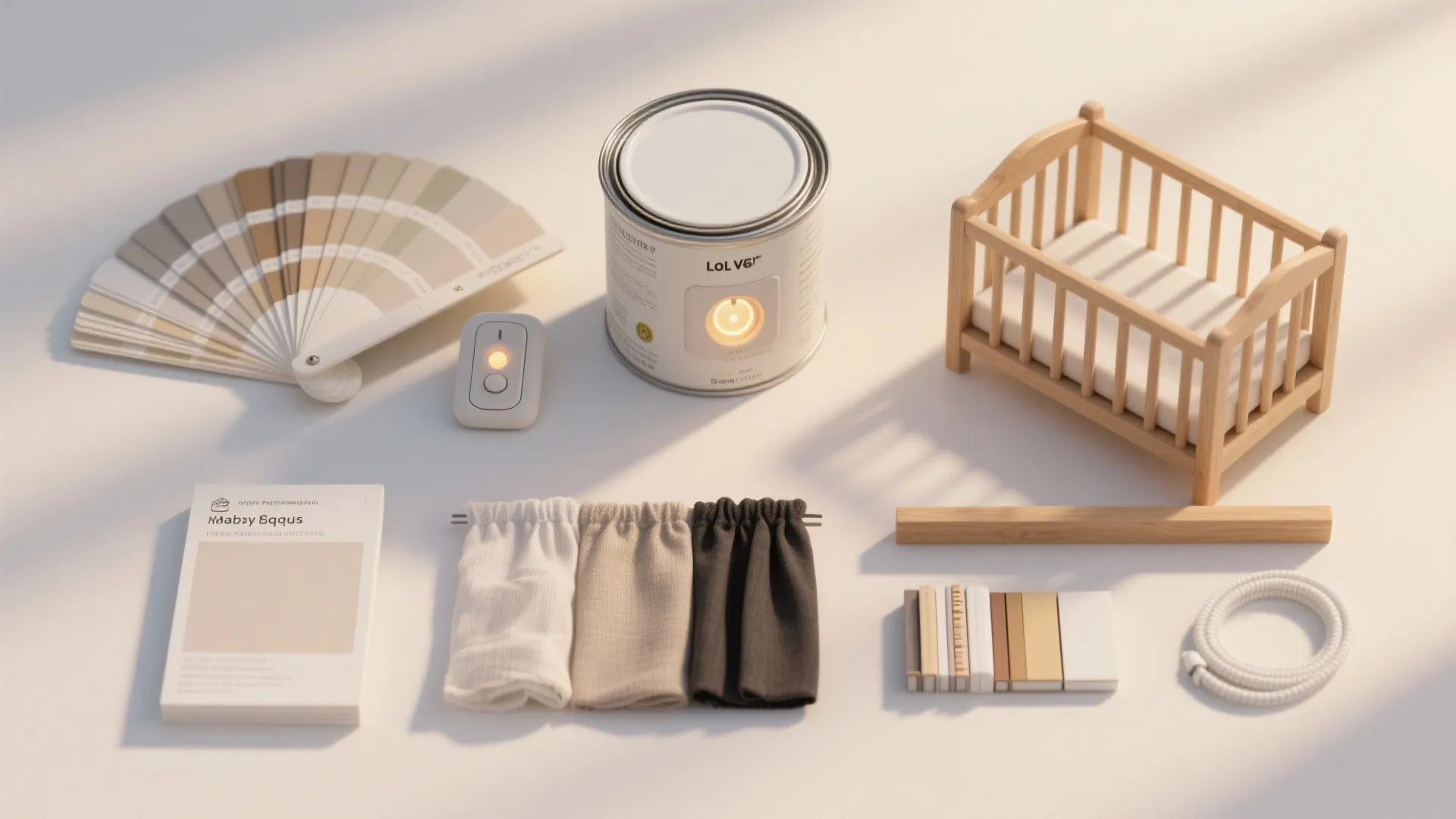 Interior design materials flat lay with color swatches paint can wooden crib and fabric samples