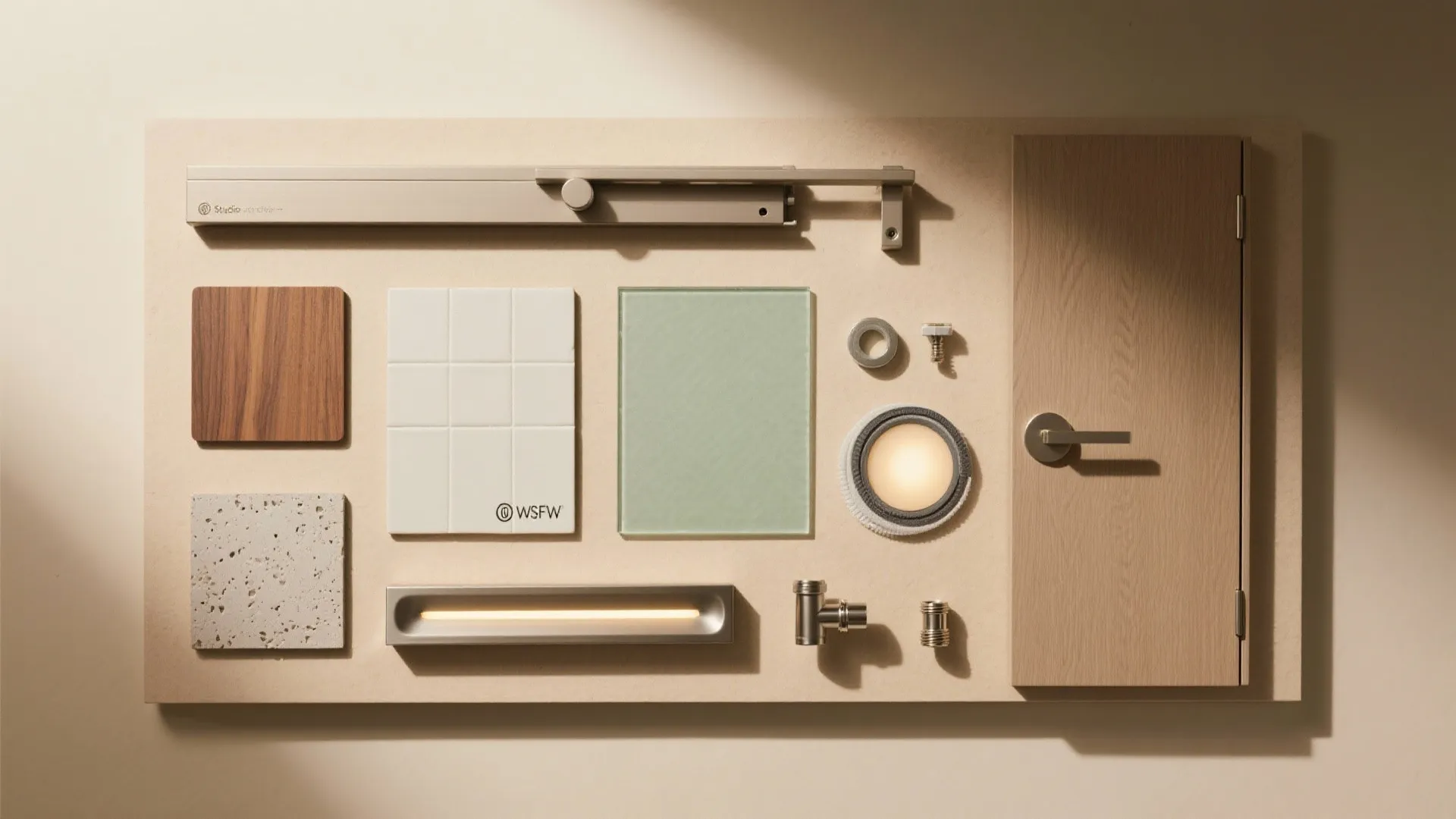 Material board with wood samples white tiles green glass light fixture and a small wooden door