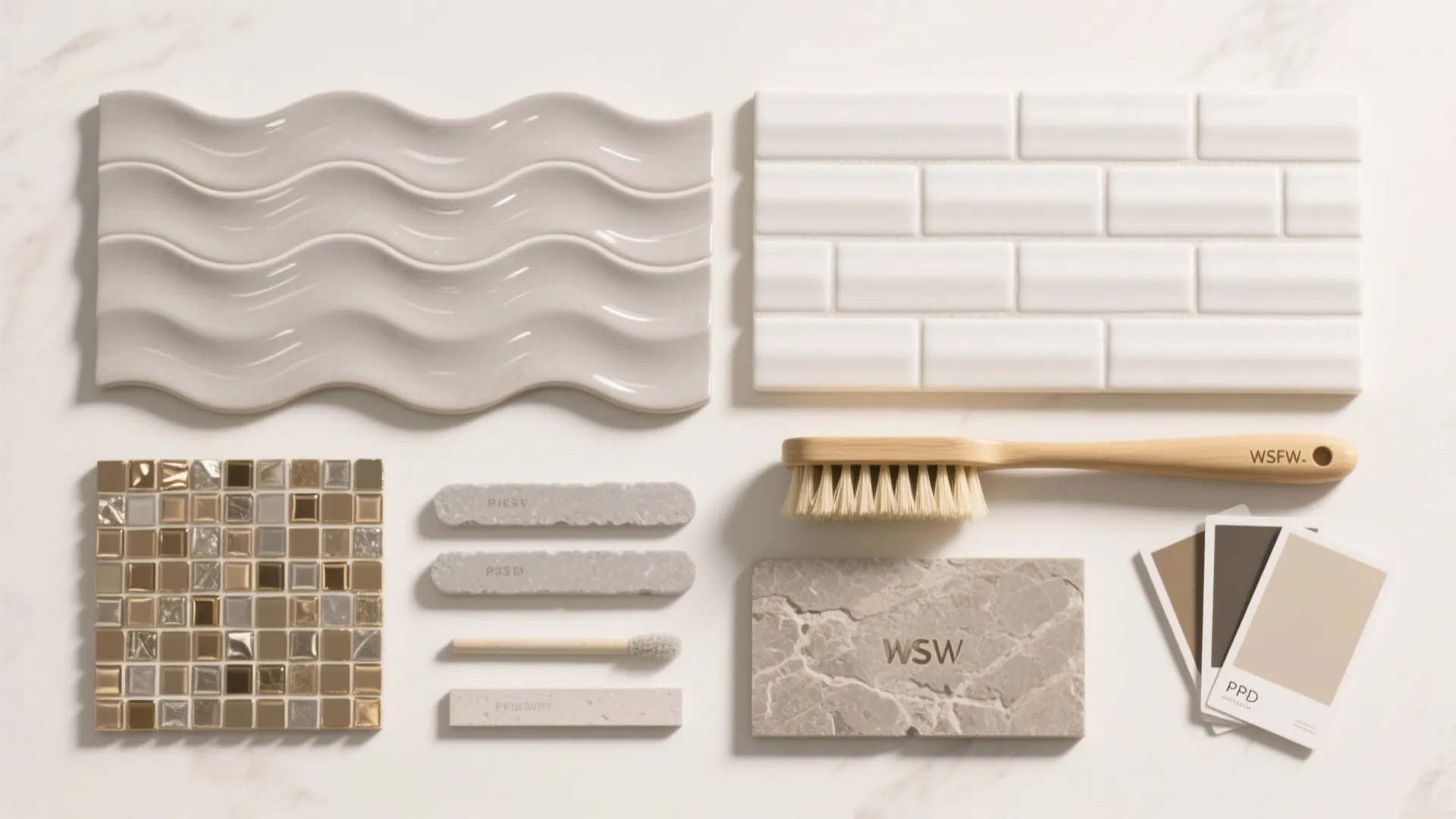 Material flatlay featuring wave tiles mosaic samples wooden brush and neutral color cards for bathroom design