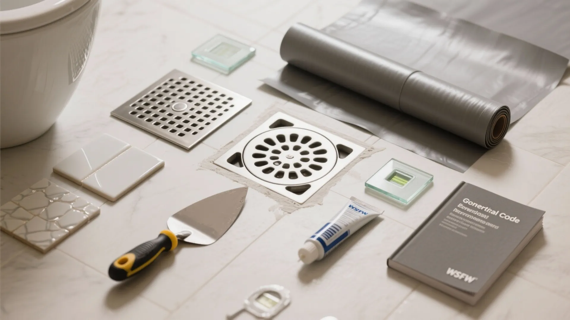 Bathroom floor drain installation tools including metal grates trowel tiles and grey waterproof membrane roll