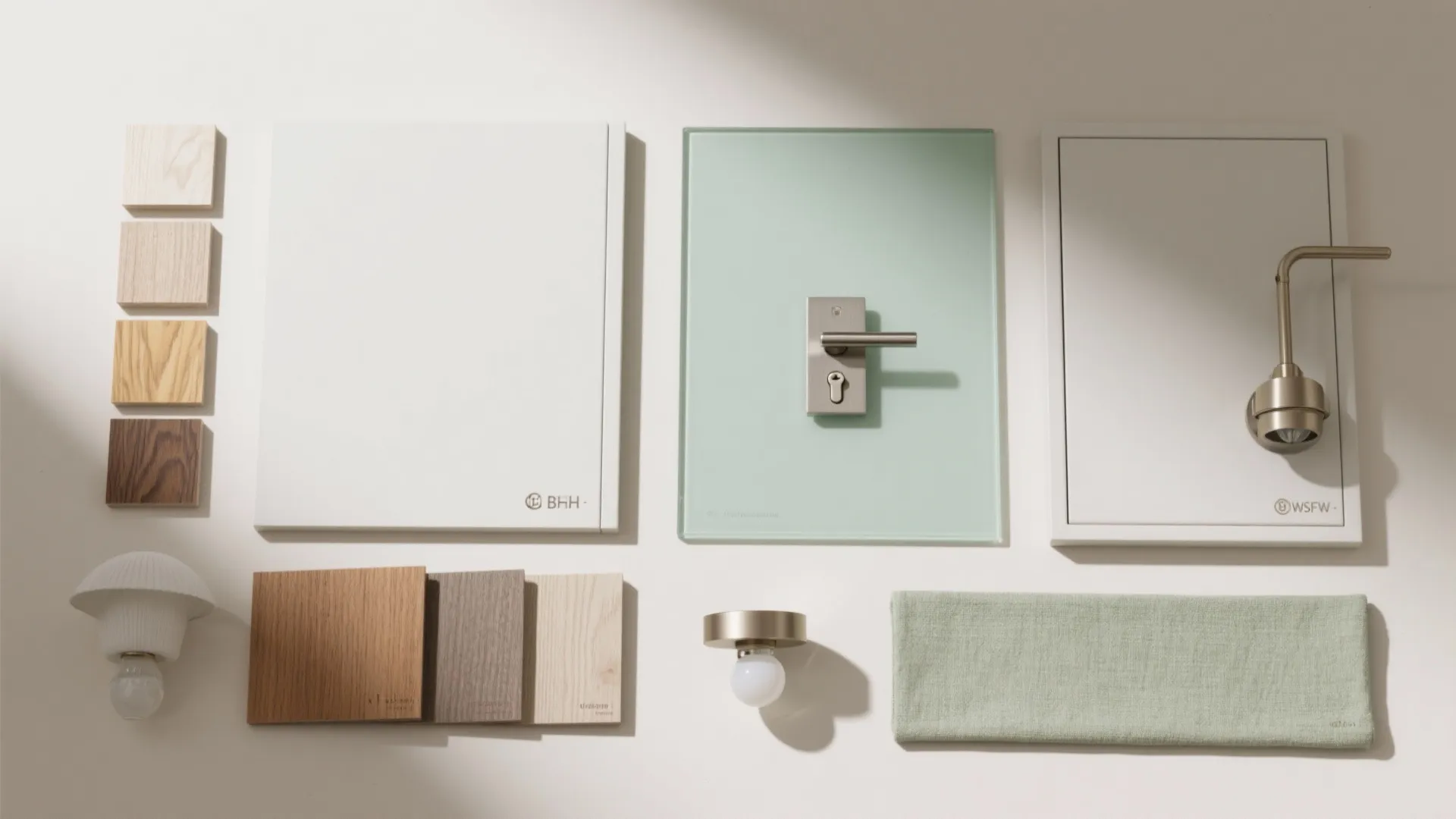Interior design material board with wood samples, white panels, green glass, door handle, and lights