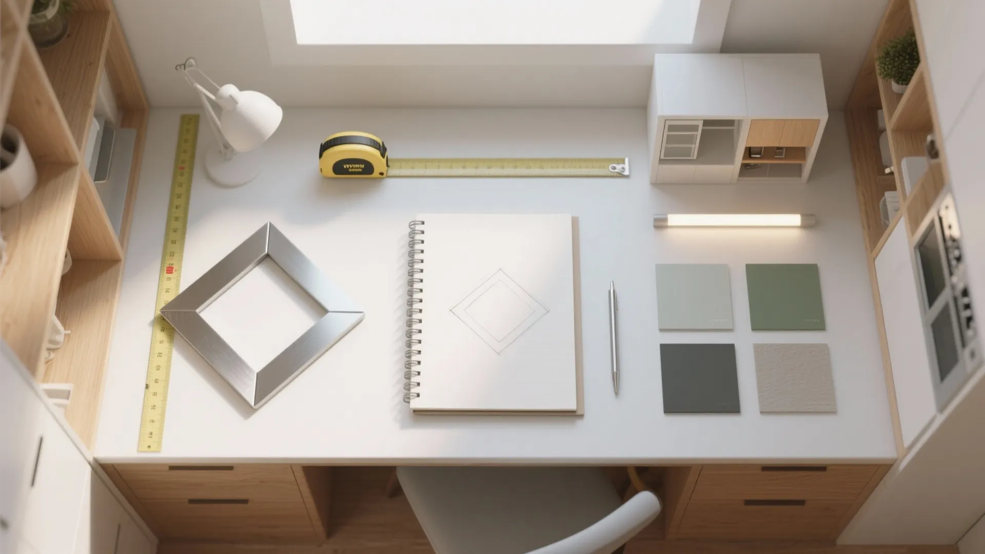 Interior design work desk with measuring tape notebook color swatches small house model and lamp