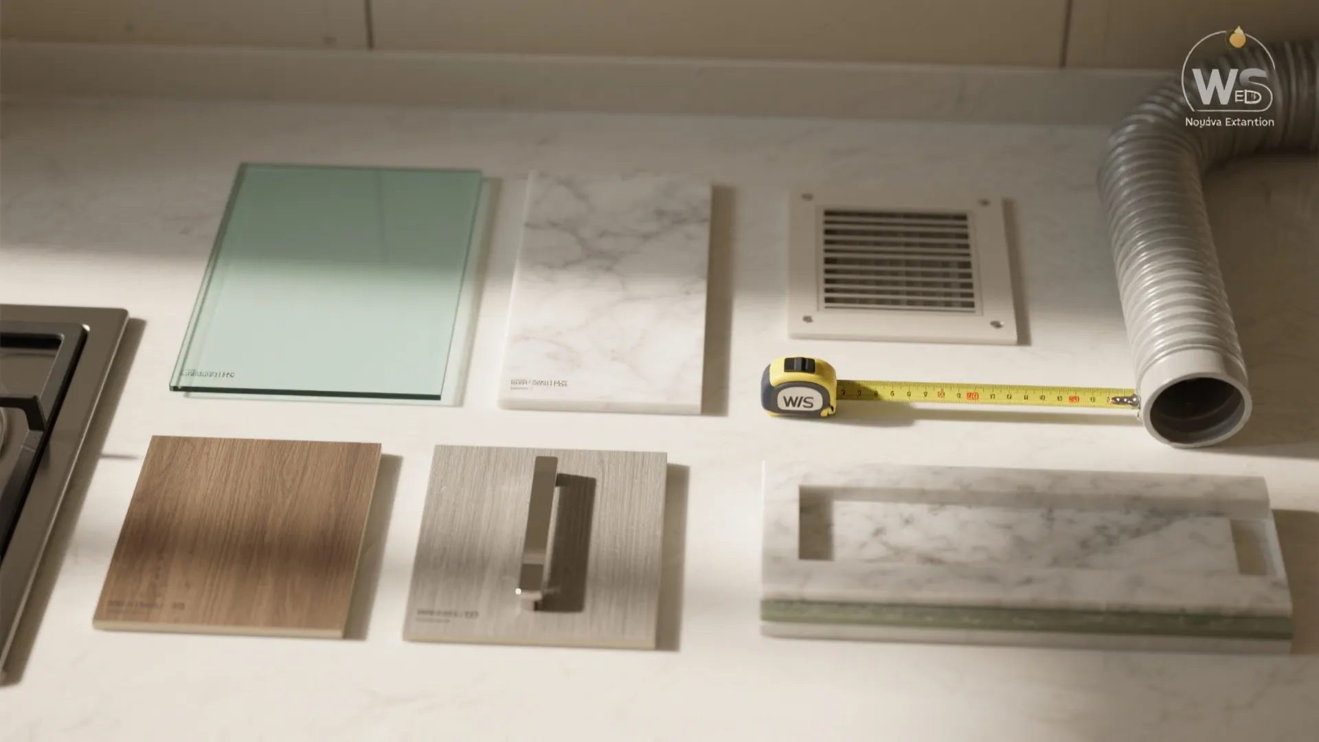 Kitchen material samples including glass marble wood tiles and a yellow measuring tape on white surface