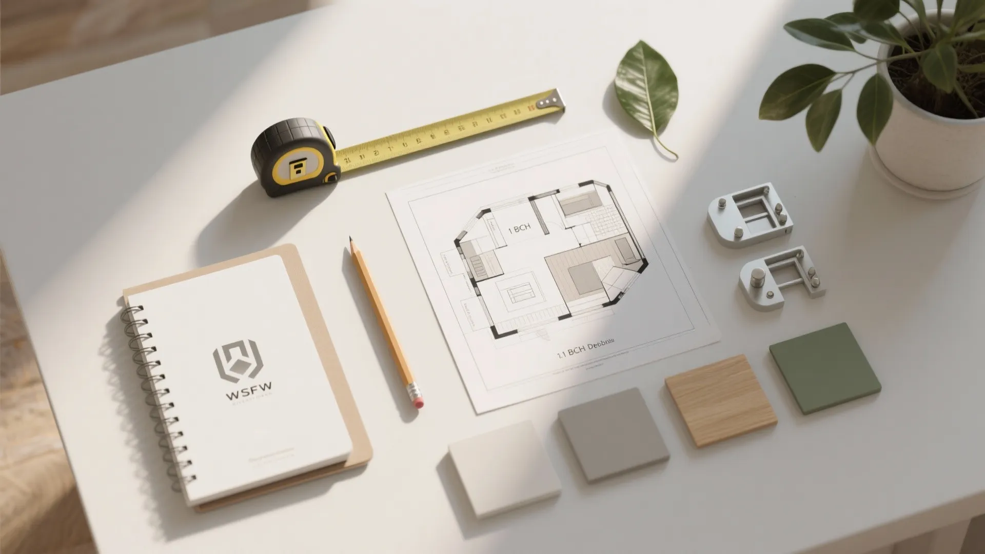 Table with floor plan drawing notebook measuring tape pencil and several small colored material design samples