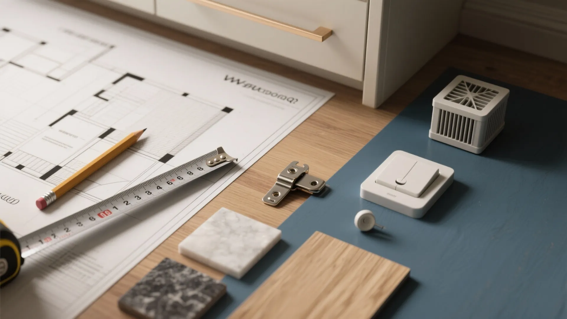 Floor plan drawing on a desk with a yellow pencil tape measure and stone material samples