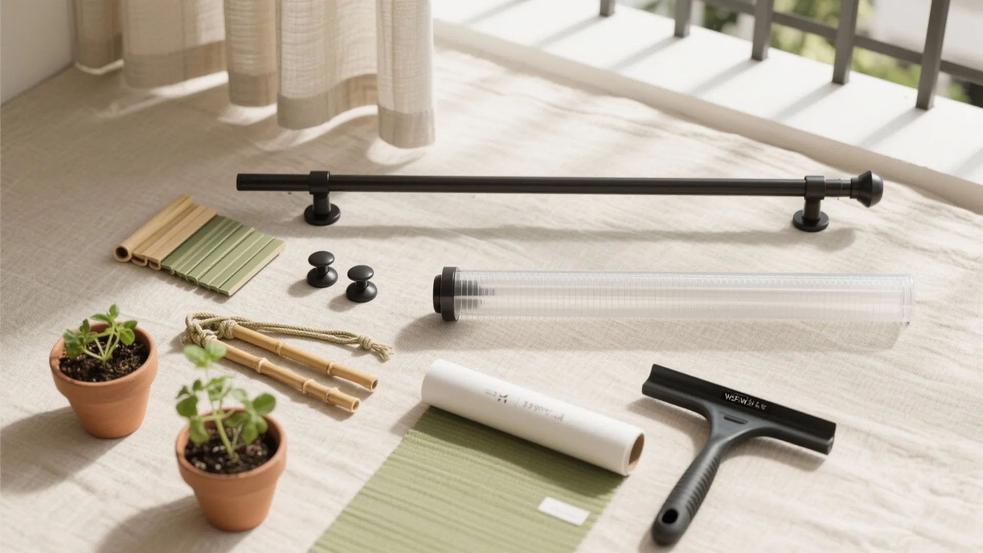 Flat lay of curtain hardware tools with black rod small plants and green fabric samples