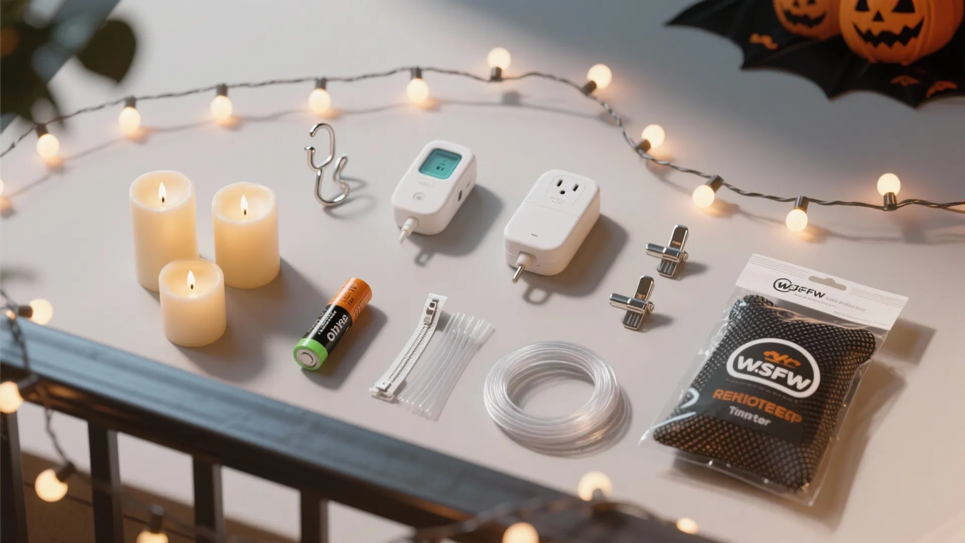 Flat lay of small candles battery electrical adapters and decorating accessories on a plain surface