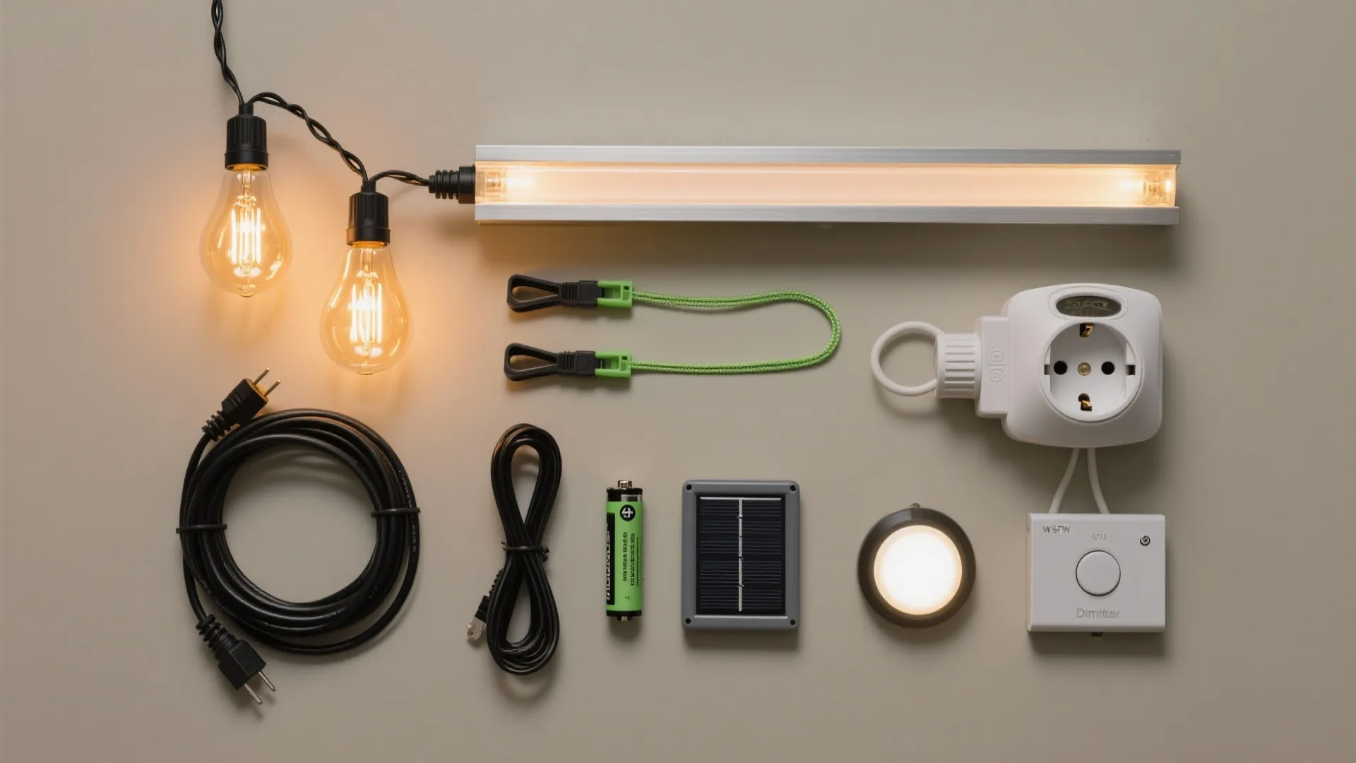 Collection of lighting accessories including bulbs, led strip, cables, battery, solar panel, and dimmer switch
