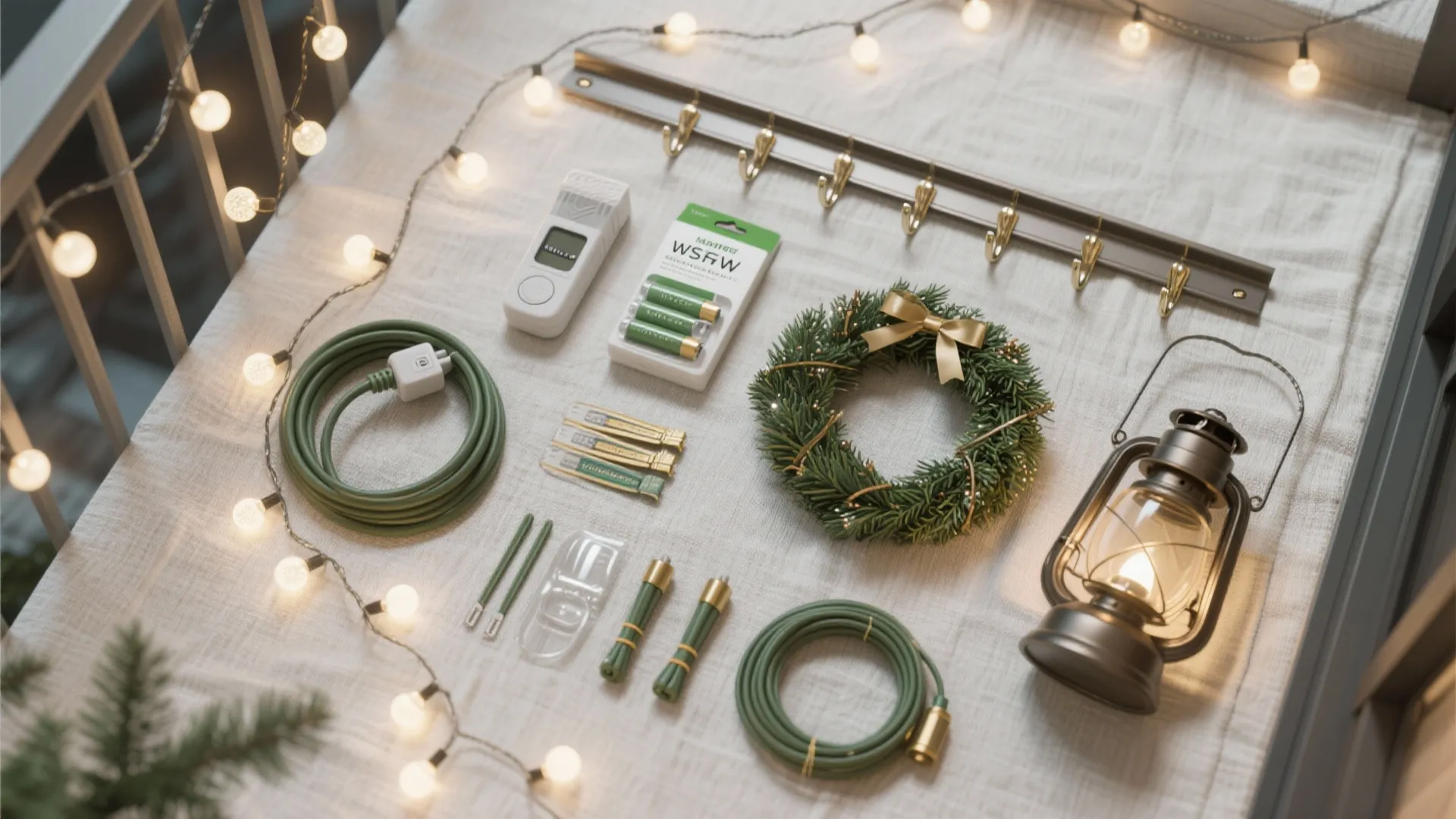 Interior decoration supplies including green cables a small wreath light fixture and batteries on cloth