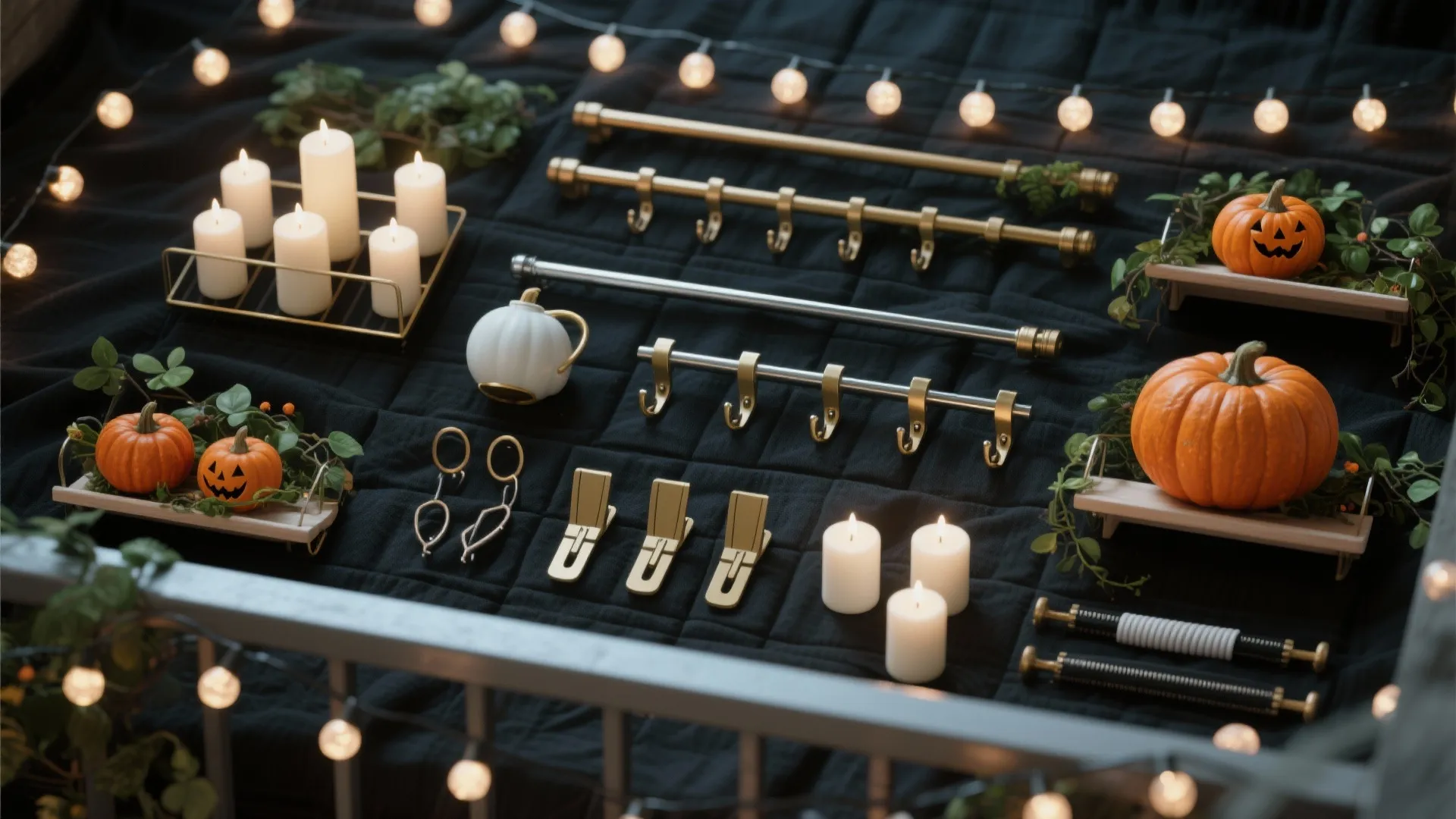 Halloween flat lay with gold curtain rods, pumpkins, white candles, and string lights on black