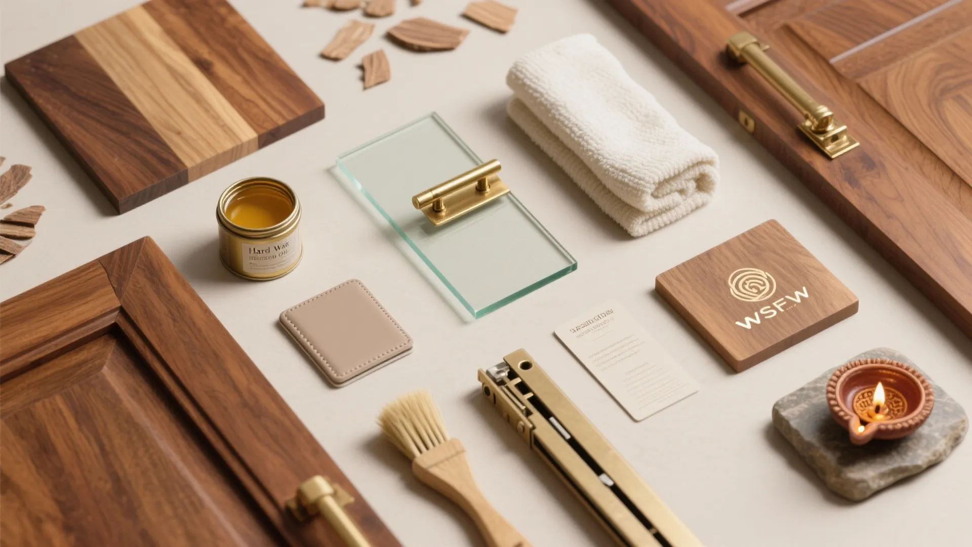 Wood cabinet door samples with gold handles metal hardware oil brush and cloth on table