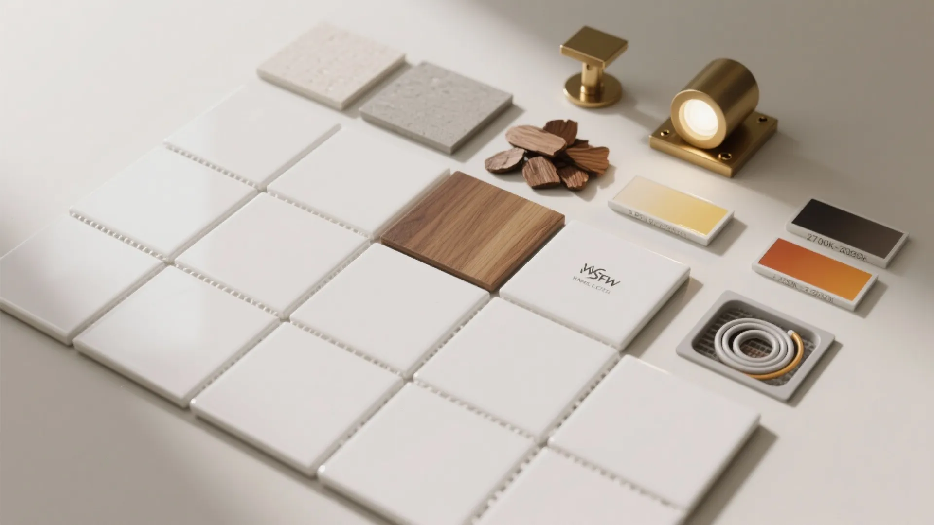 Interior design materials including white tiles wood samples gold light fixture and colorful paint swatches