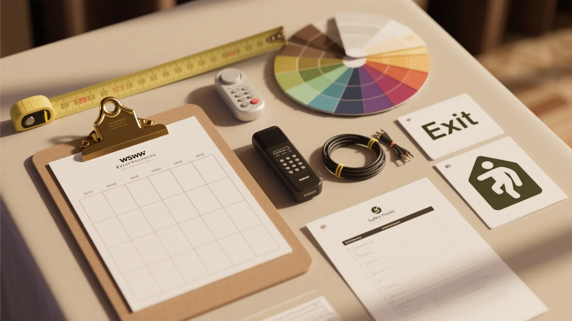 Flat lay of measuring tape color palette clipboard exit signs and documents on a white table