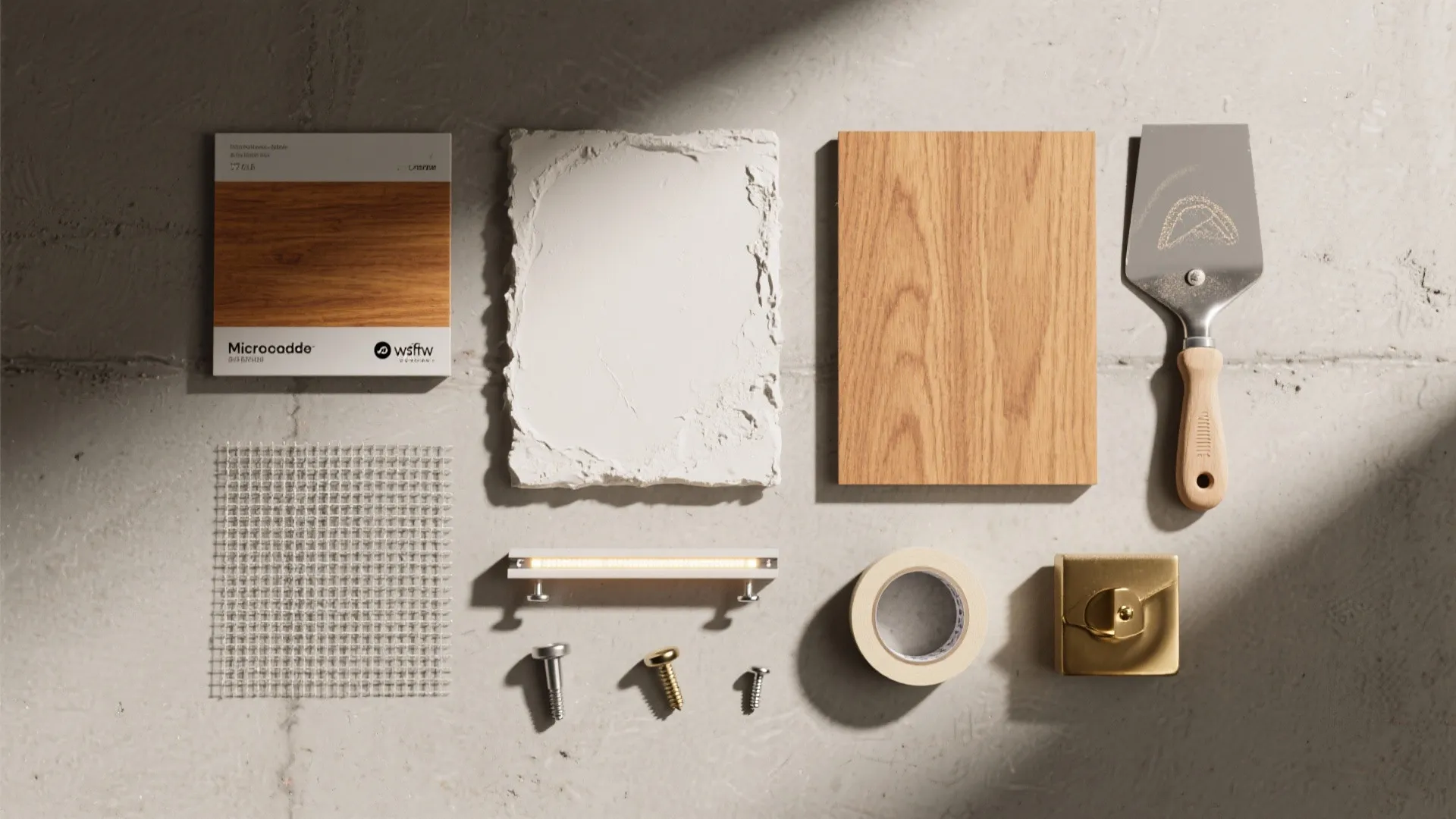 Interior design materials flat lay with wood samples plaster board light fixture screws and metal tools