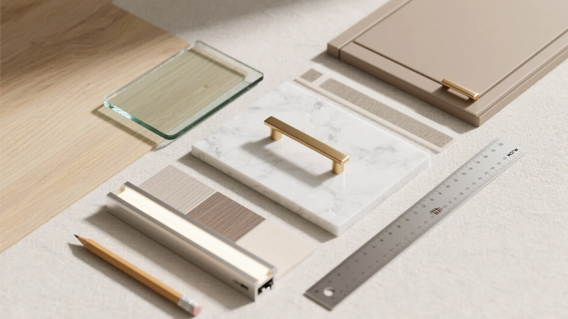 Interior design materials including marble tile wood samples gold handle ruler pencil and cabinet door