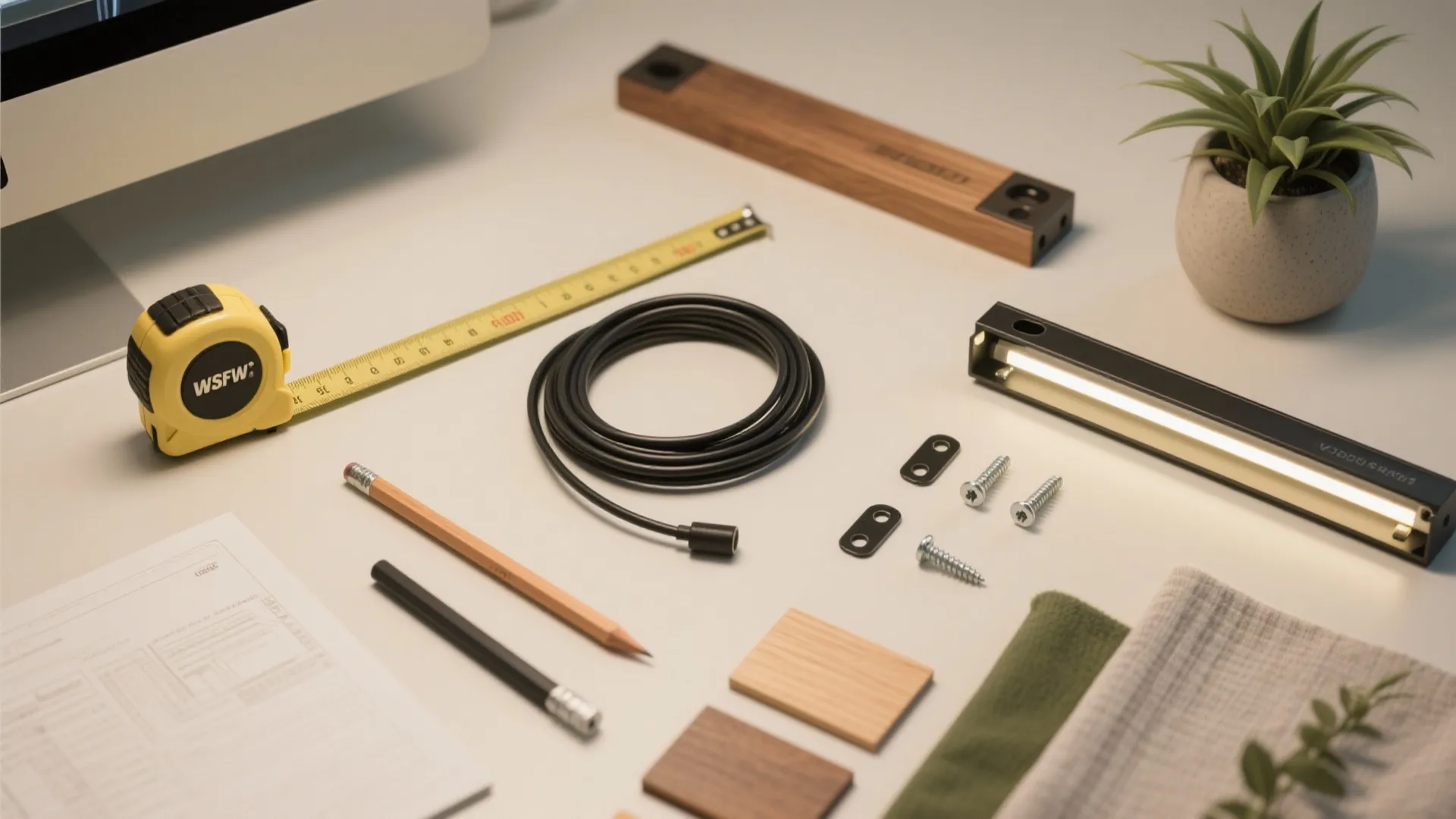 Work table with measuring tape black cable pencils wooden samples light fixture and plant on desk