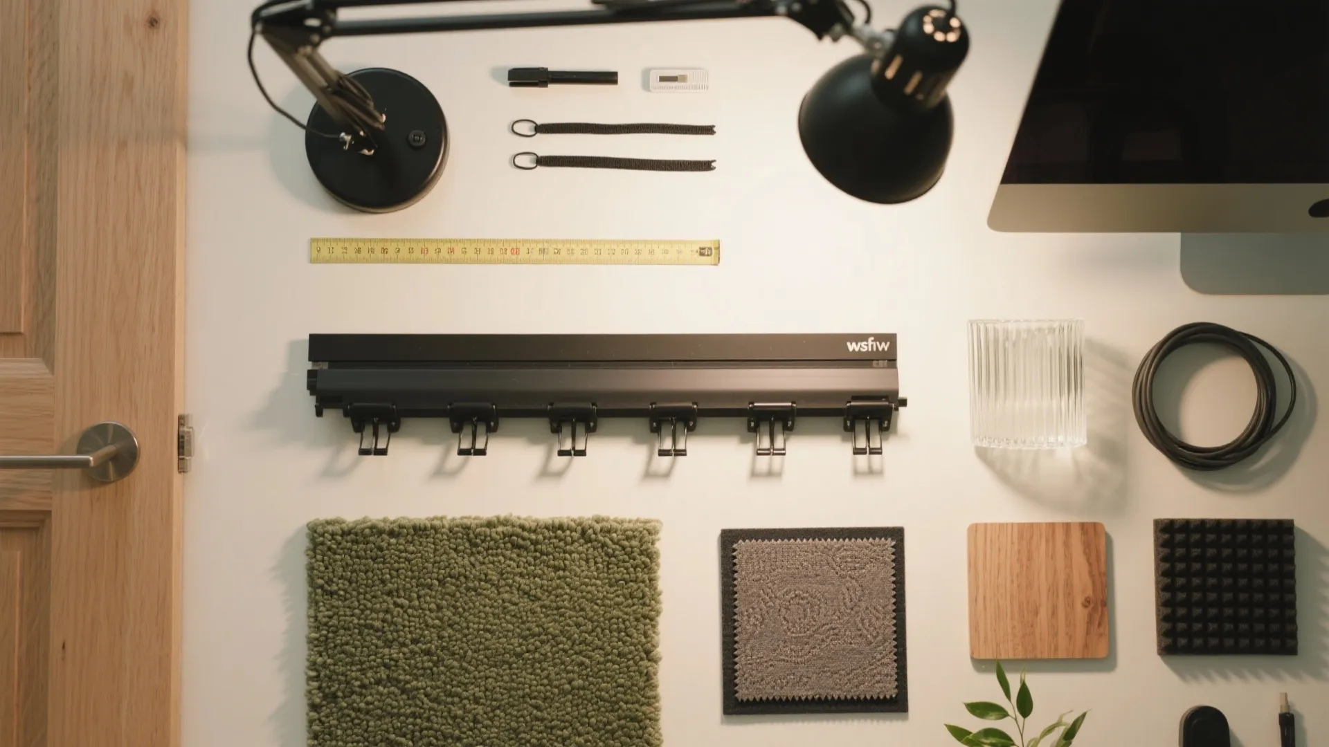 Top down view of interior design materials including fabric samples wood pieces lamp and tools