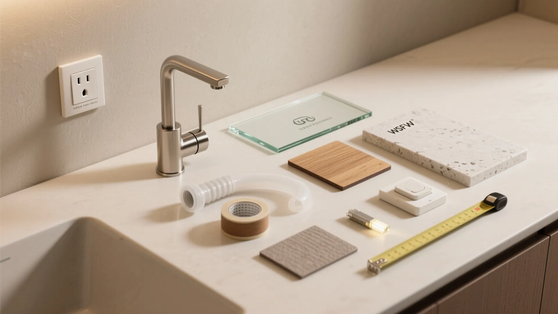 Kitchen renovation materials including silver faucet wood samples stone tiles measuring tape and small light fixture