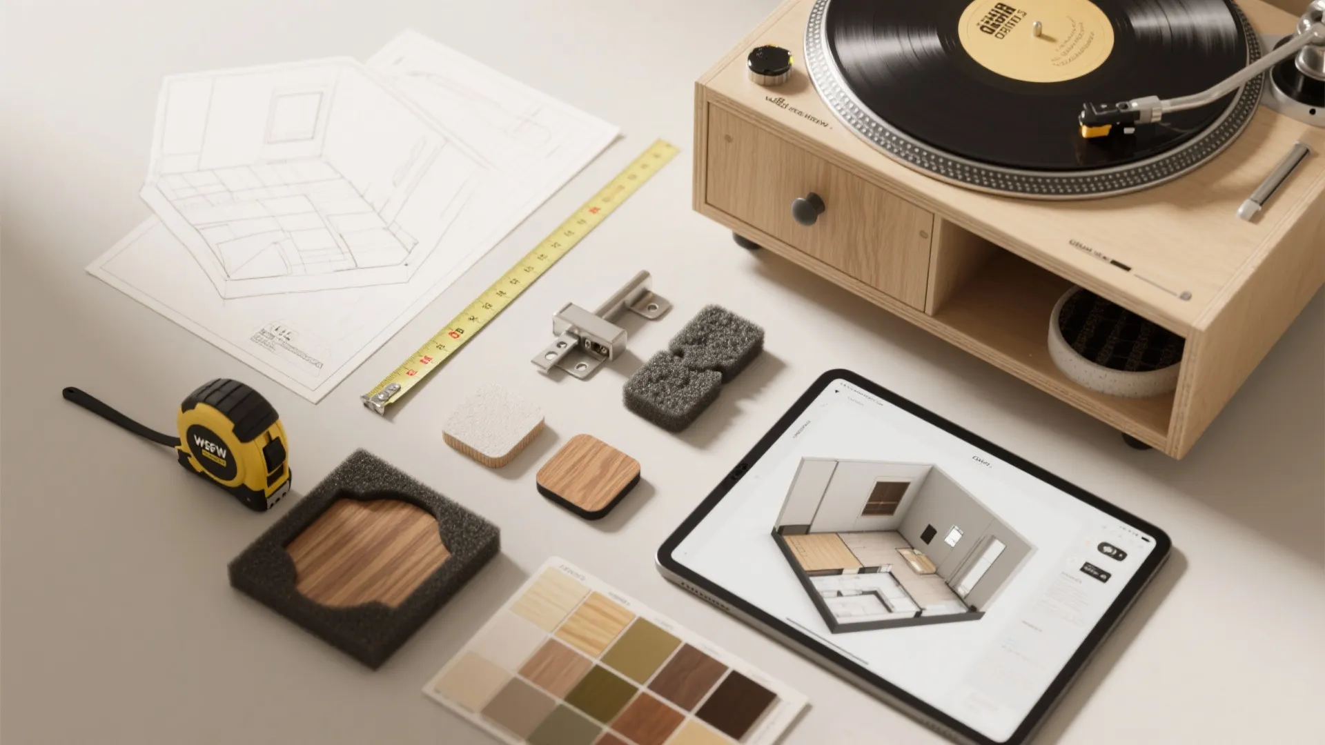 Interior design drawing on tablet surrounded by wood samples measuring tape and record player equipment