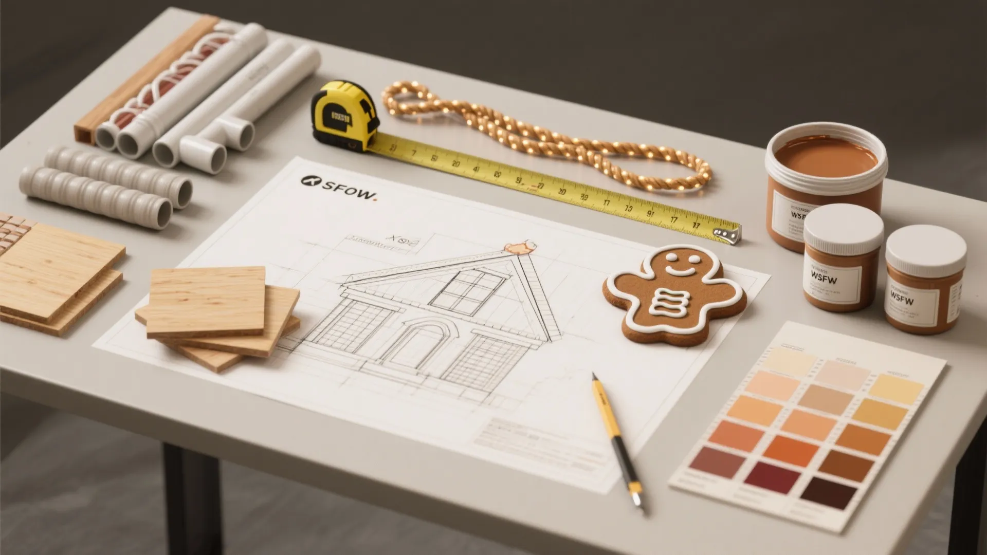 Table with house floor plan drawing plus tape measure and paint samples and wood pieces
