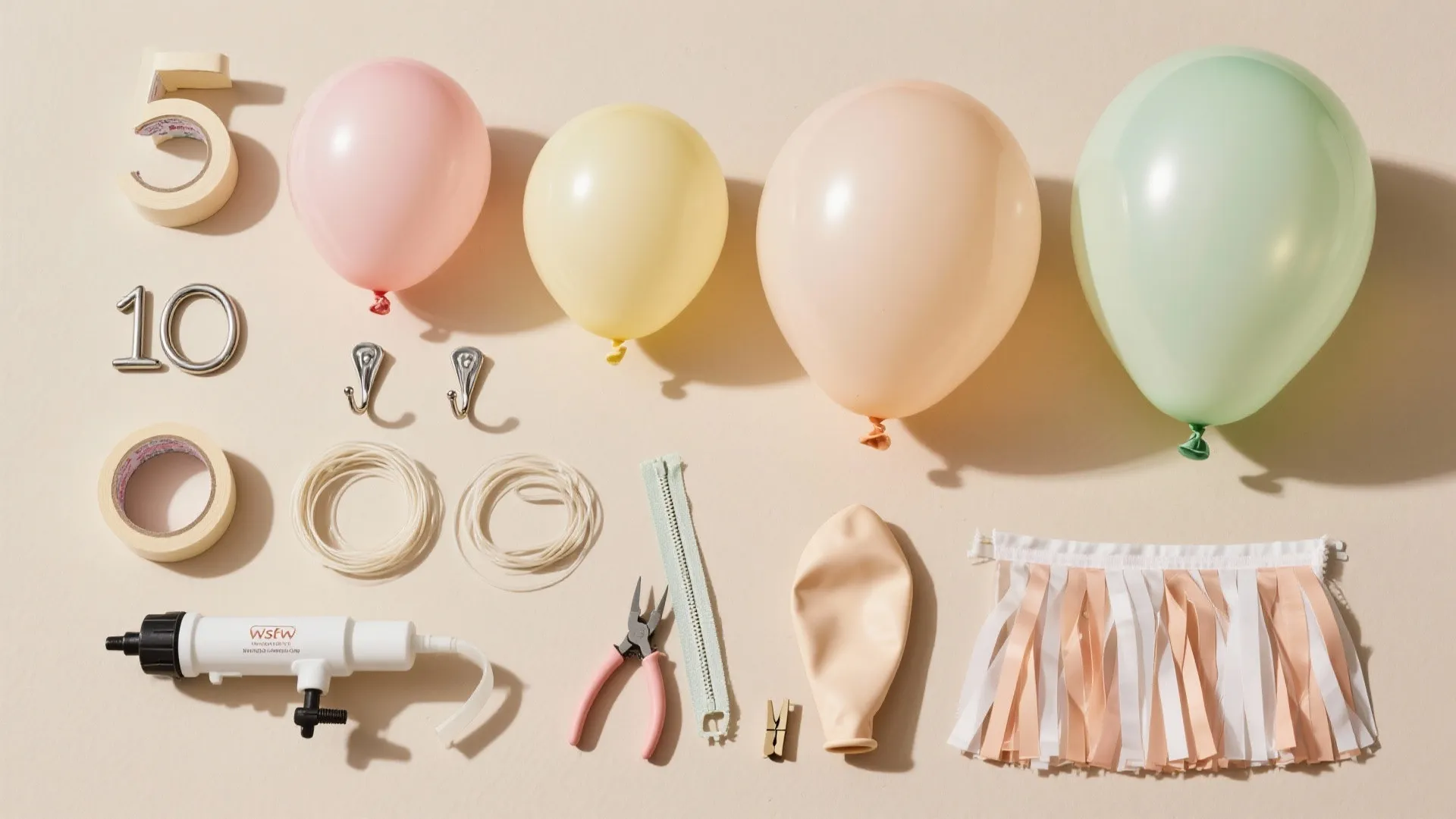 Flat lay of party supplies including colorful balloons tape hooks pliers string and a pump