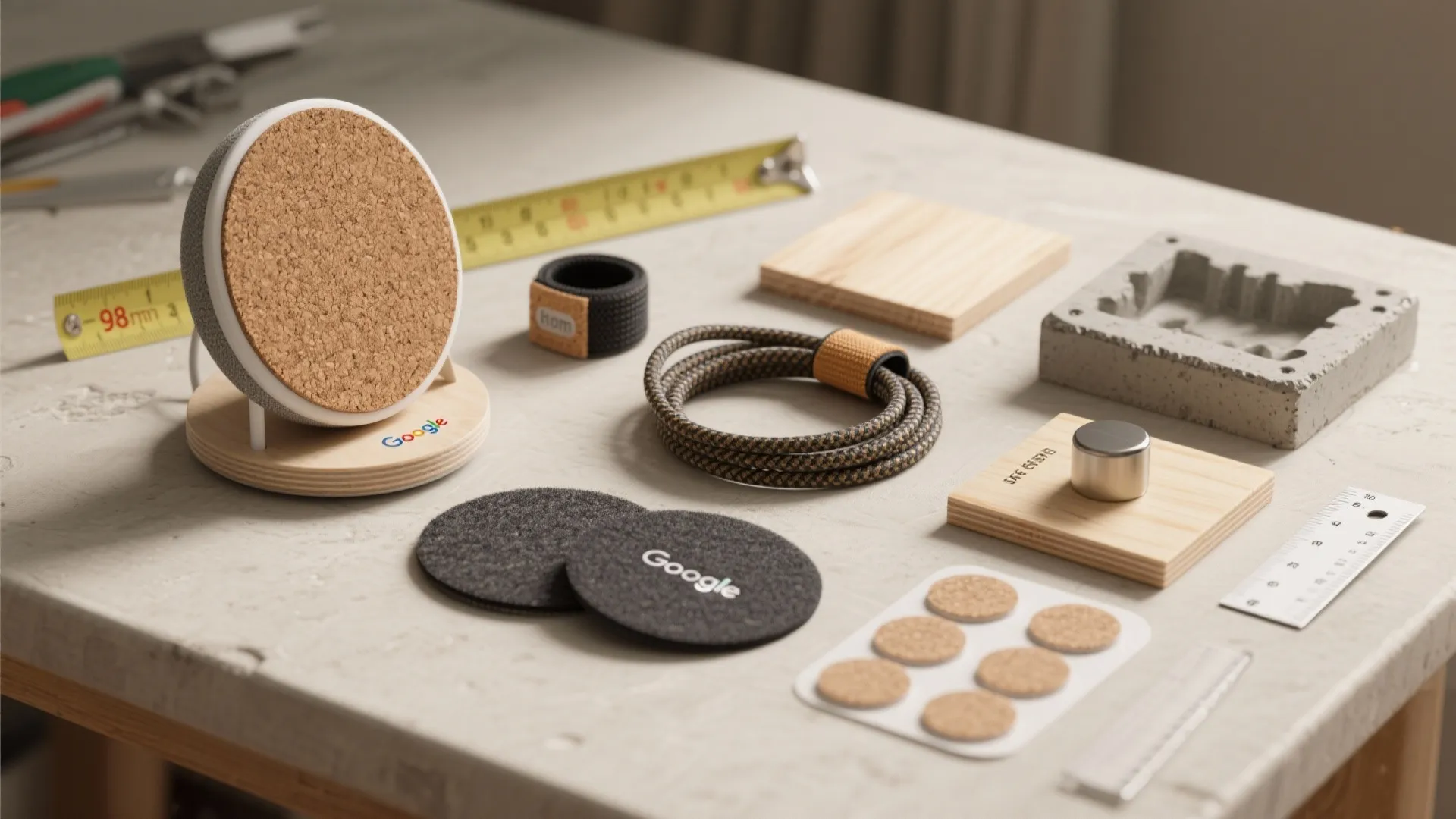 Various diy tools including tape measure wood blocks cork pads and round black branded stickers