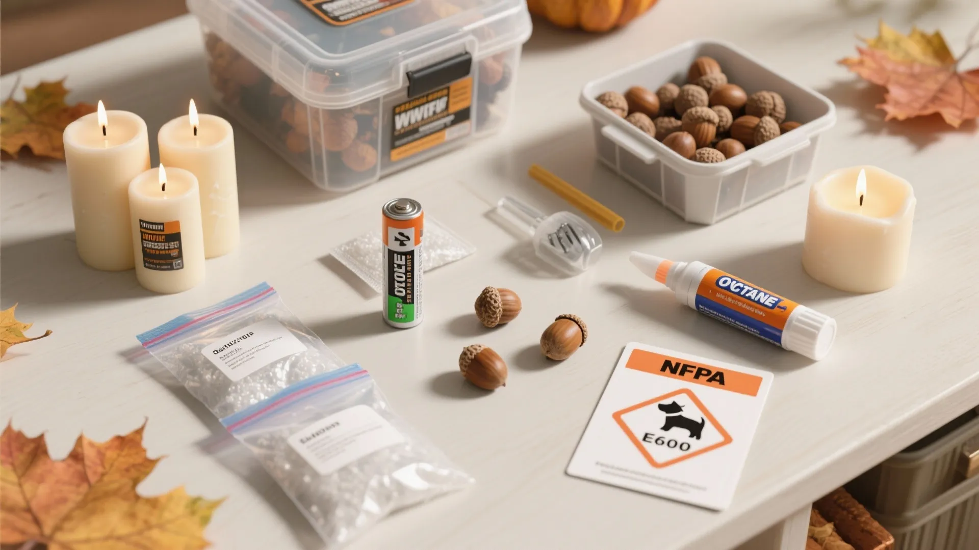 Table top with lit candles small acorns glue stick battery and autumn leaves for crafting