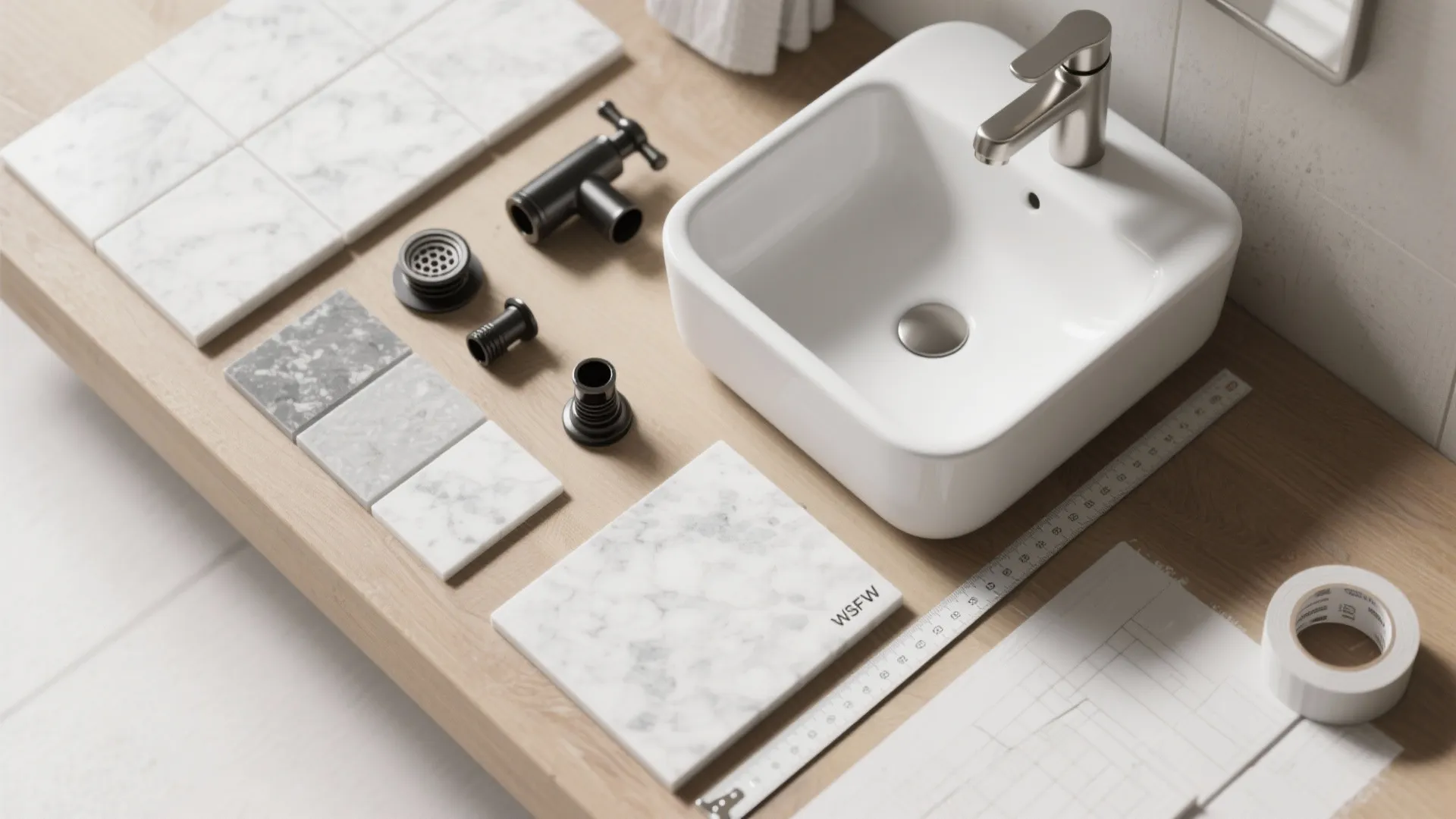 White bathroom sink with faucet, marble tiles, black hardware, and measuring tape on wooden surface