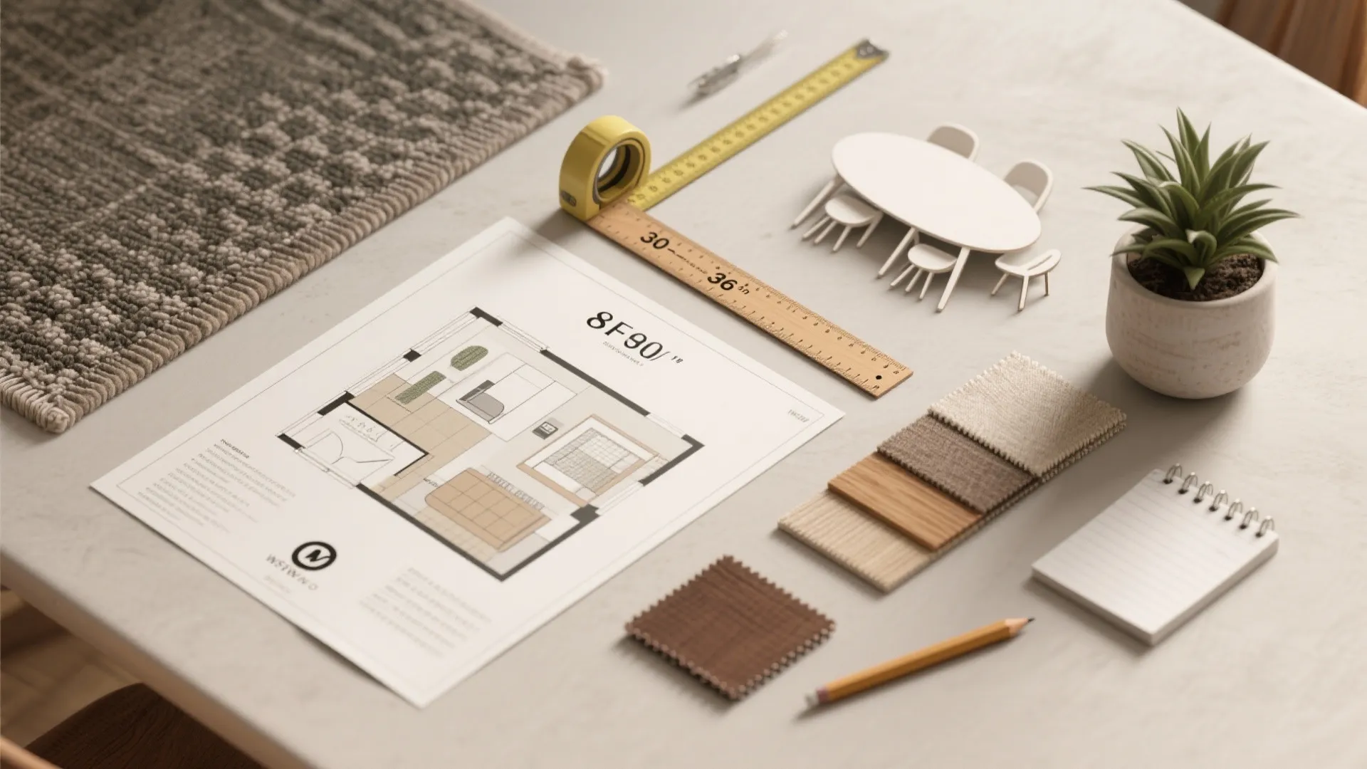 Interior design floor plan with fabric samples measuring tape and small furniture models on desk