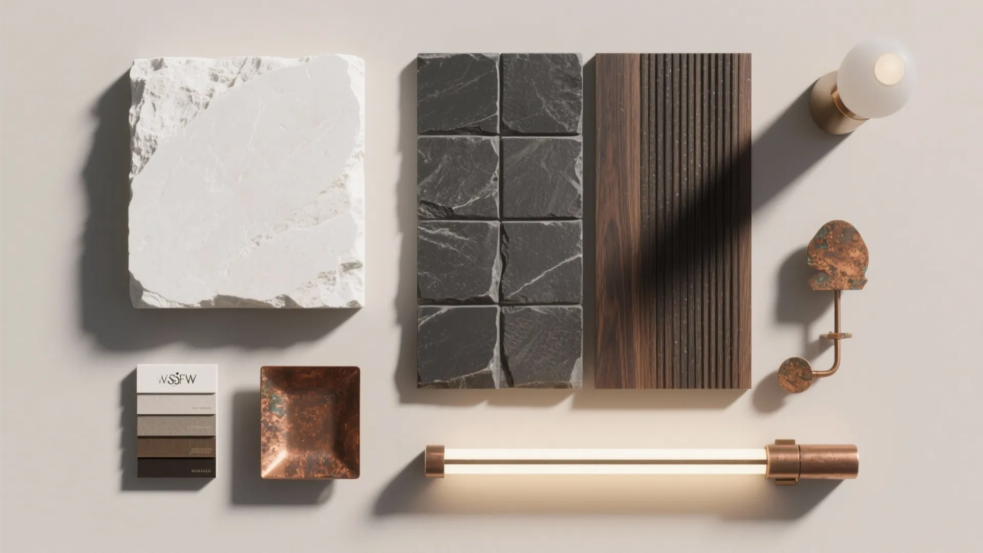 Top view of interior design material samples including stone dark tiles wood panel and light fixture