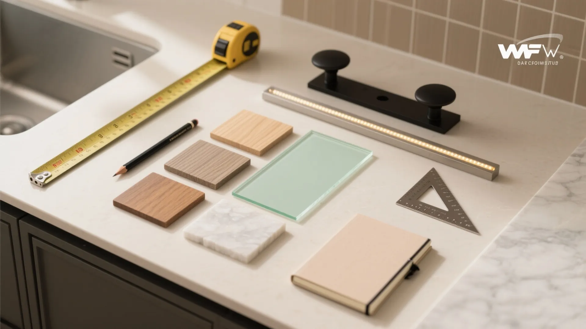 Interior design materials including wood samples marble glass measuring tape pencil and small notebook on counter