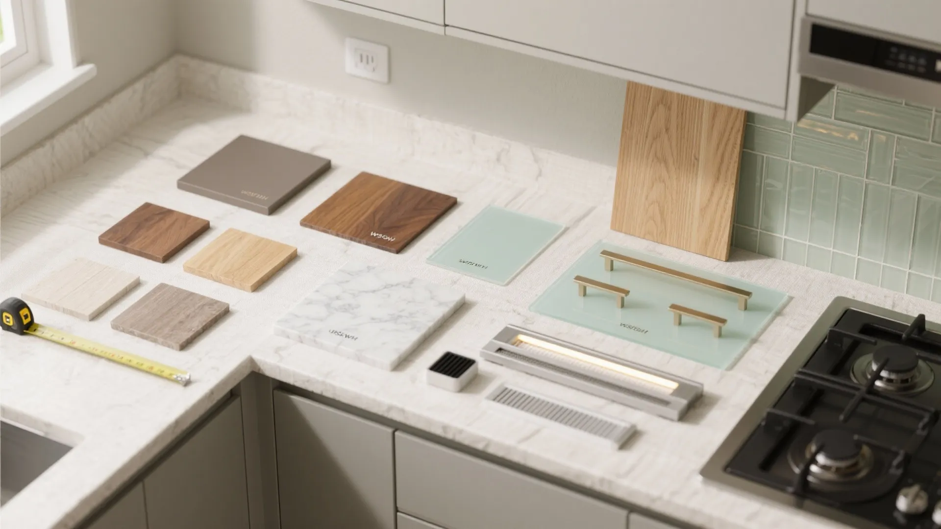 Interior design material samples including wood marble and glass arranged on a white kitchen counter