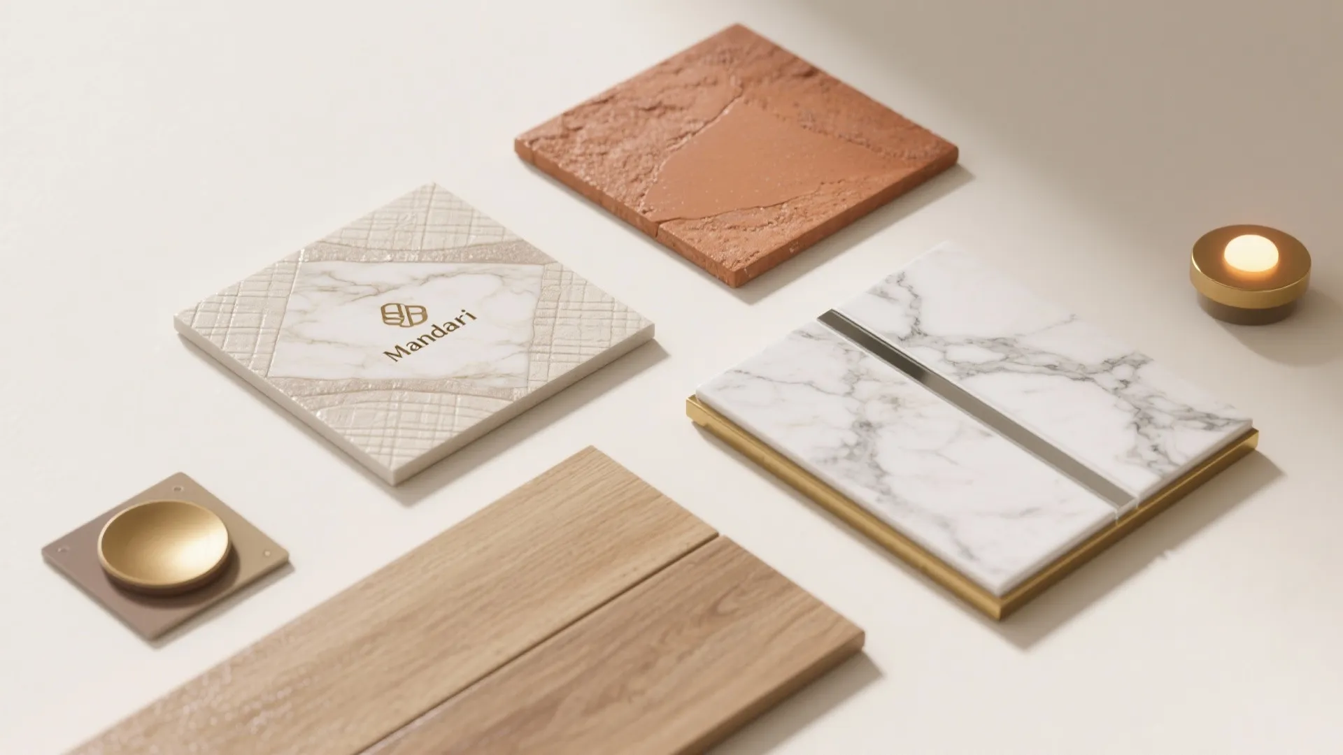 Material samples showing white marble tile brown stone wood flooring and gold knob with small light