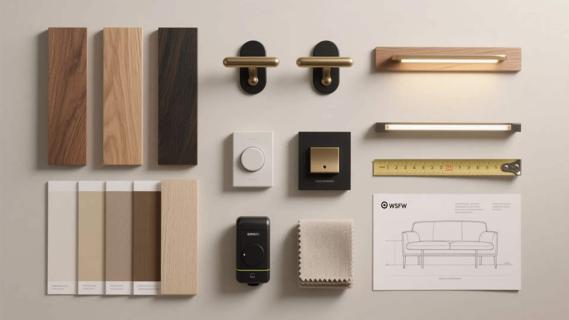 Interior design mood board with wood samples wall lights sofa drawing fabric swatches and measuring tape