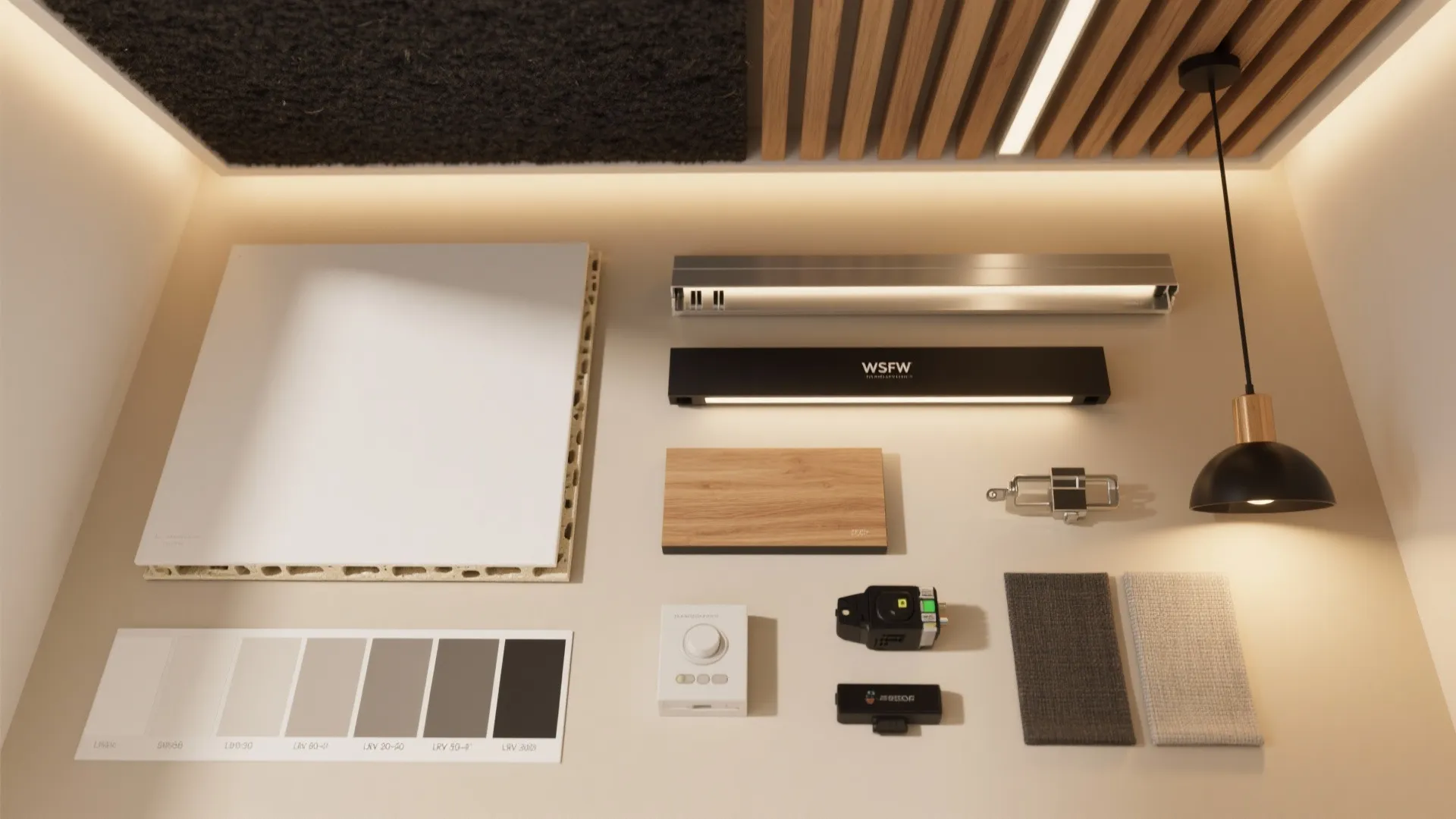 Interior design material board with wood samples fabric swatches light fixtures and a color palette
