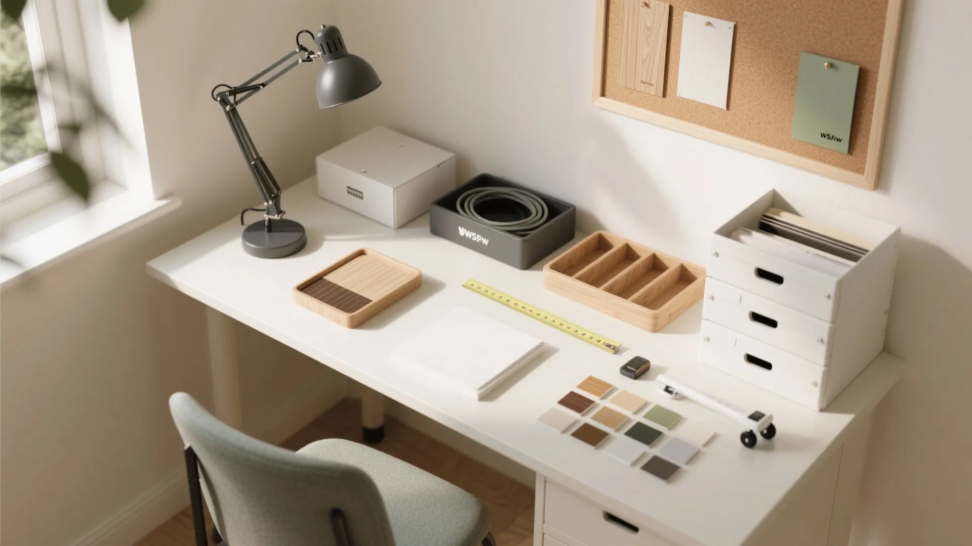 Clean white desk with desk lamp storage boxes color swatches and ruler for design work