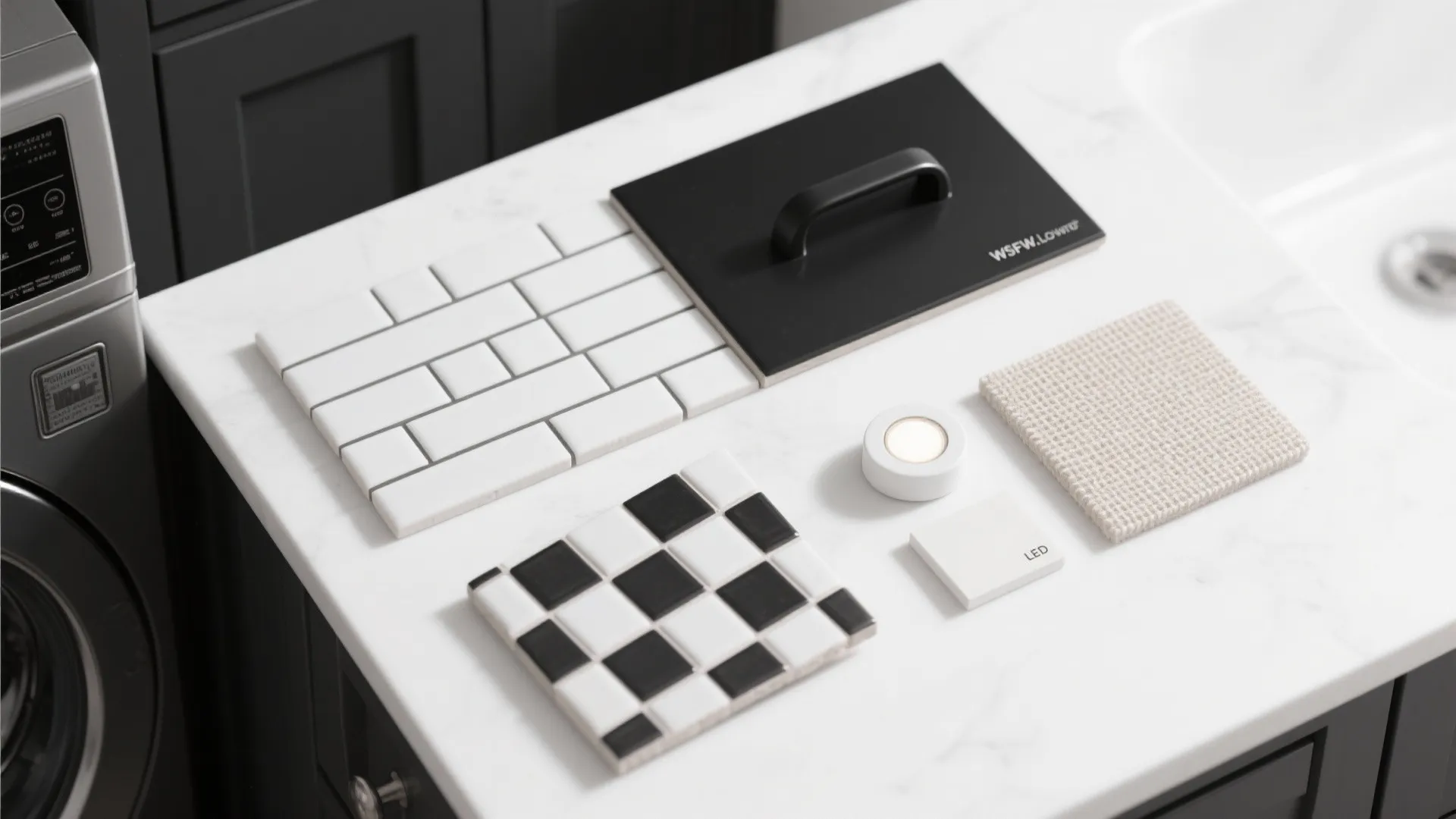 Interior design material samples including white tiles black handle and fabric on a marble countertop