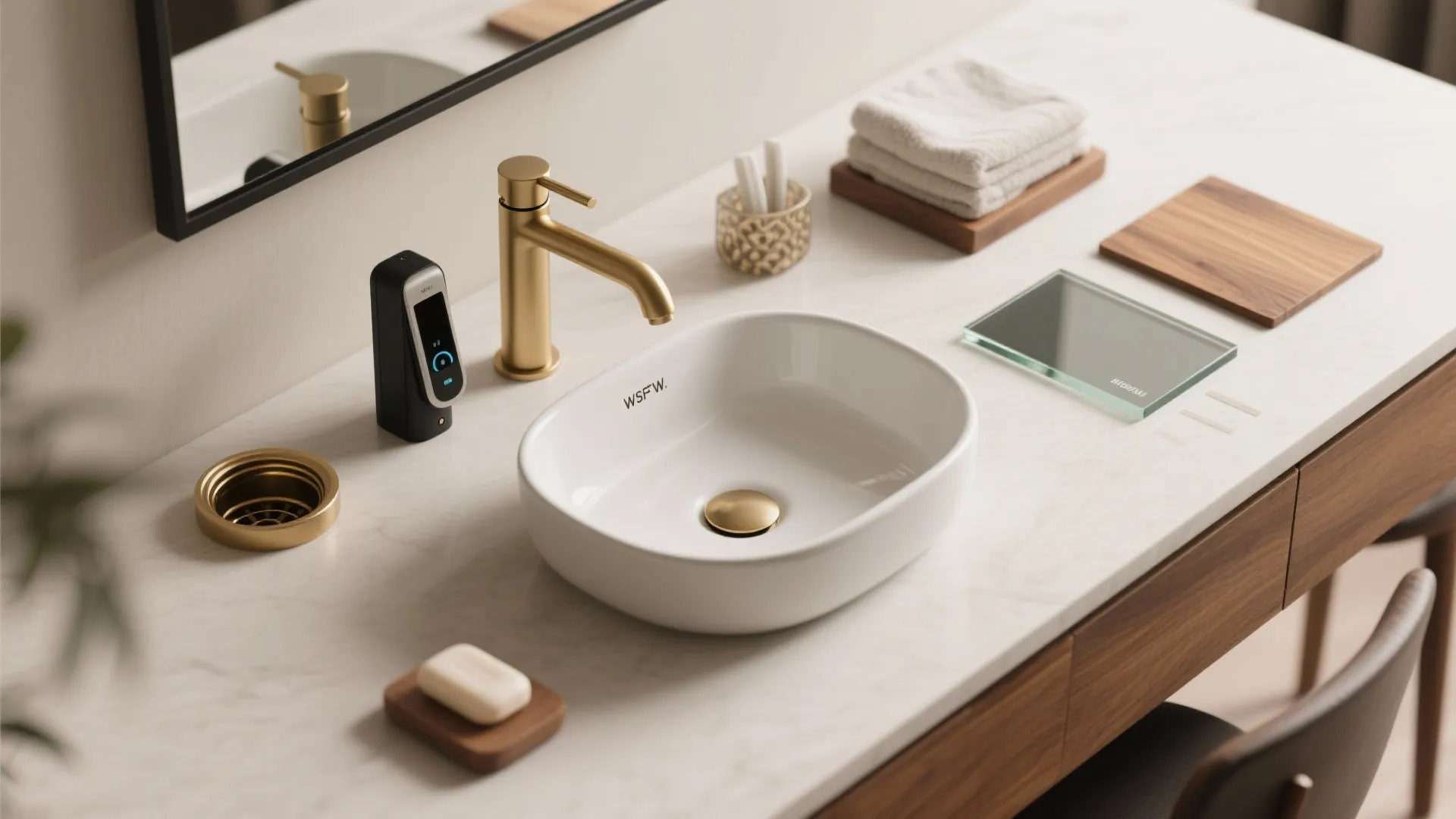 Close up of white bathroom sink with gold faucet soap towels and wooden vanity material samples