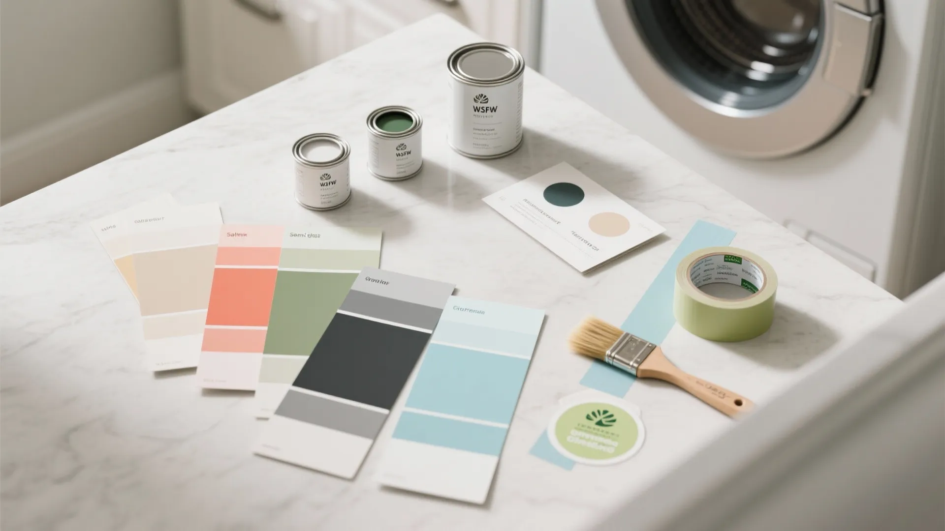 Flatlay of paint swatches, finish samples, brush and tape for choosing washable, low-VOC paint options in a laundry room.