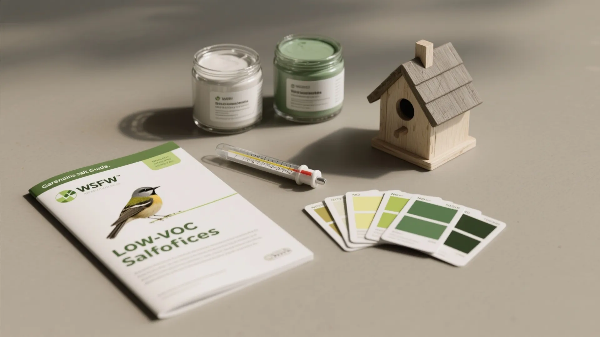 Eco-friendly paint jars with a wooden birdhouse and green color palette swatches on a desk