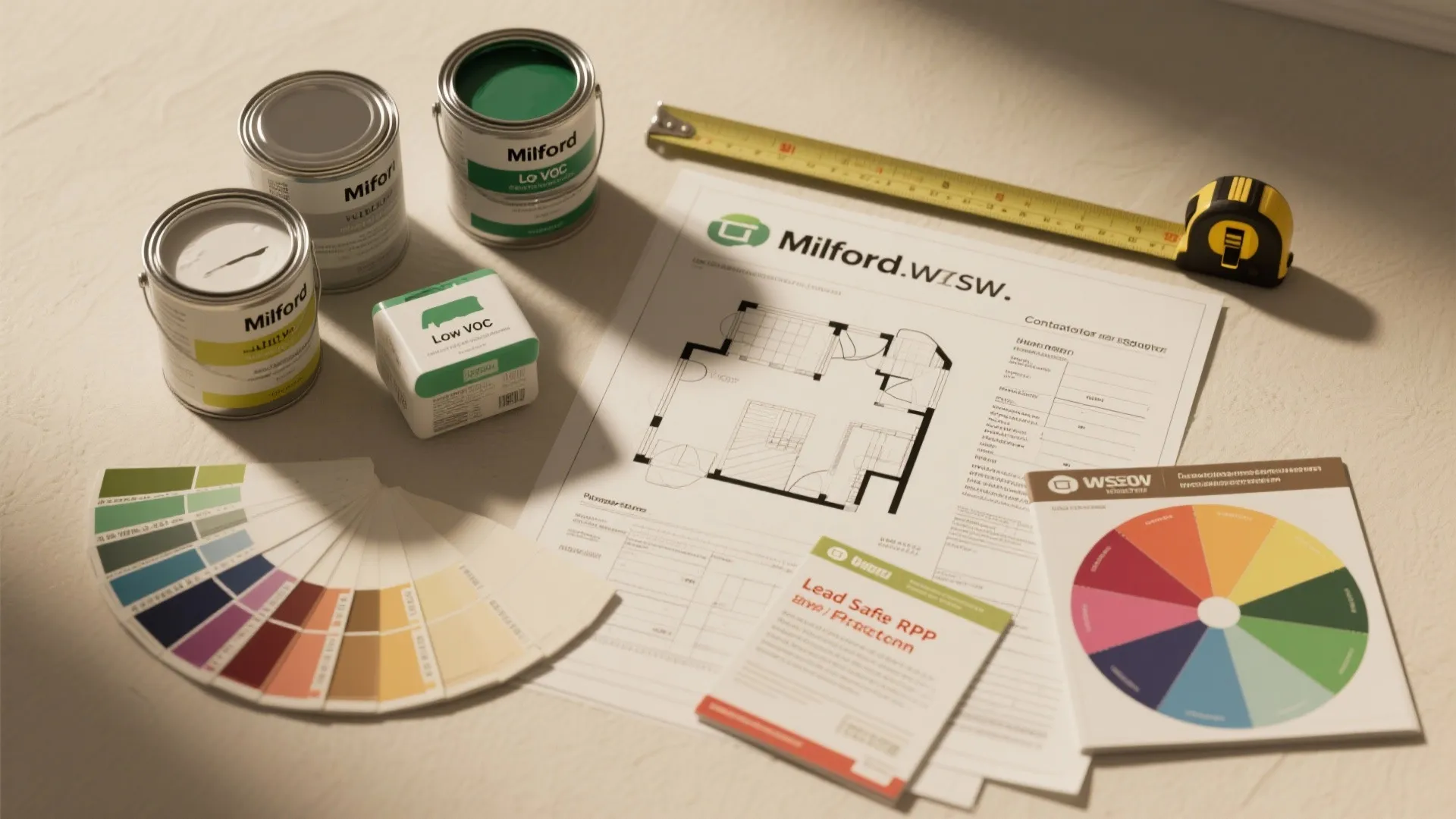 Flatlay of paint swatches, sample tins, floorplan and estimate for planning a Milford interior paint job.