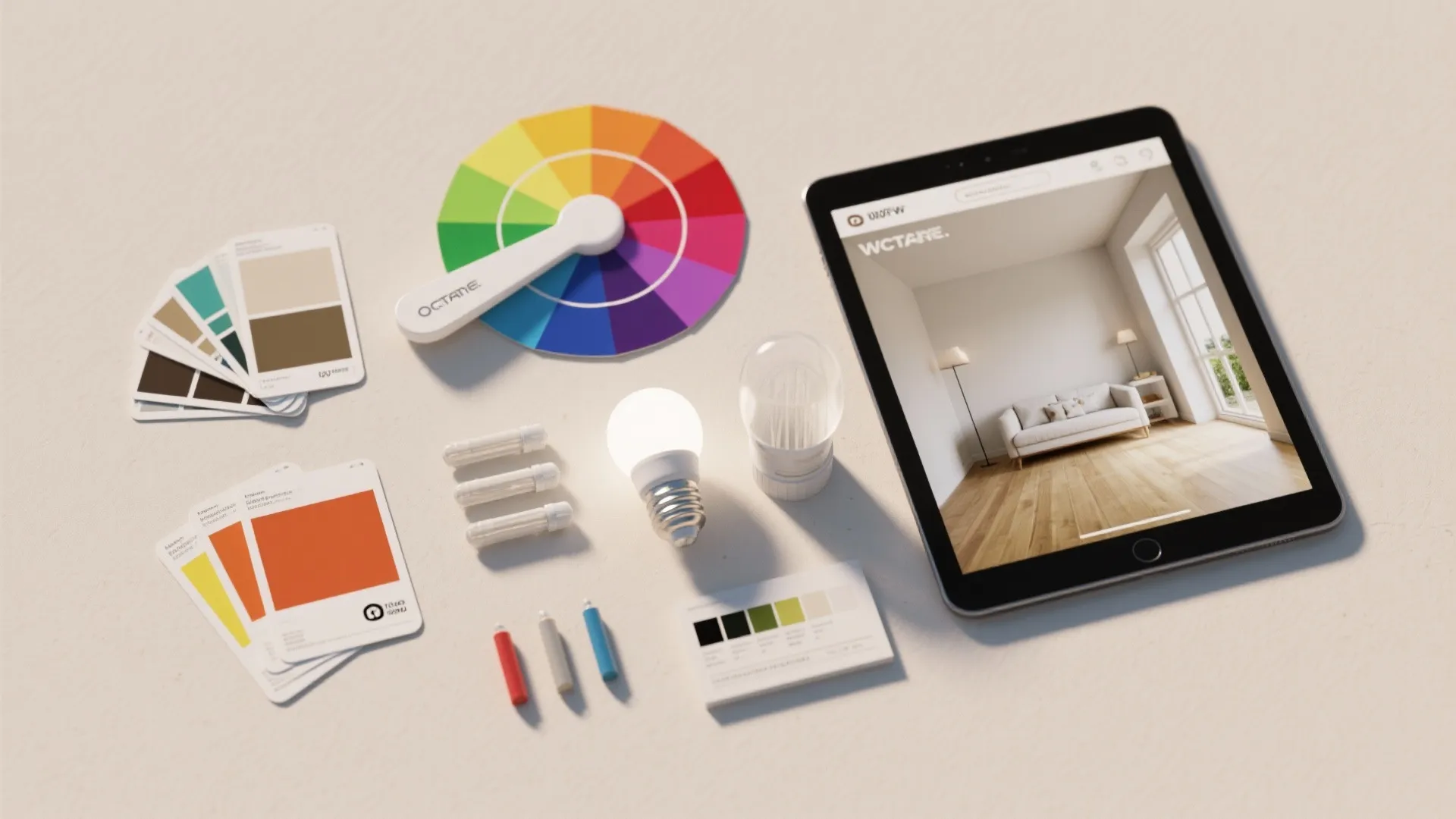 Interior design tools including color wheel and palette cards next to tablet showing room design